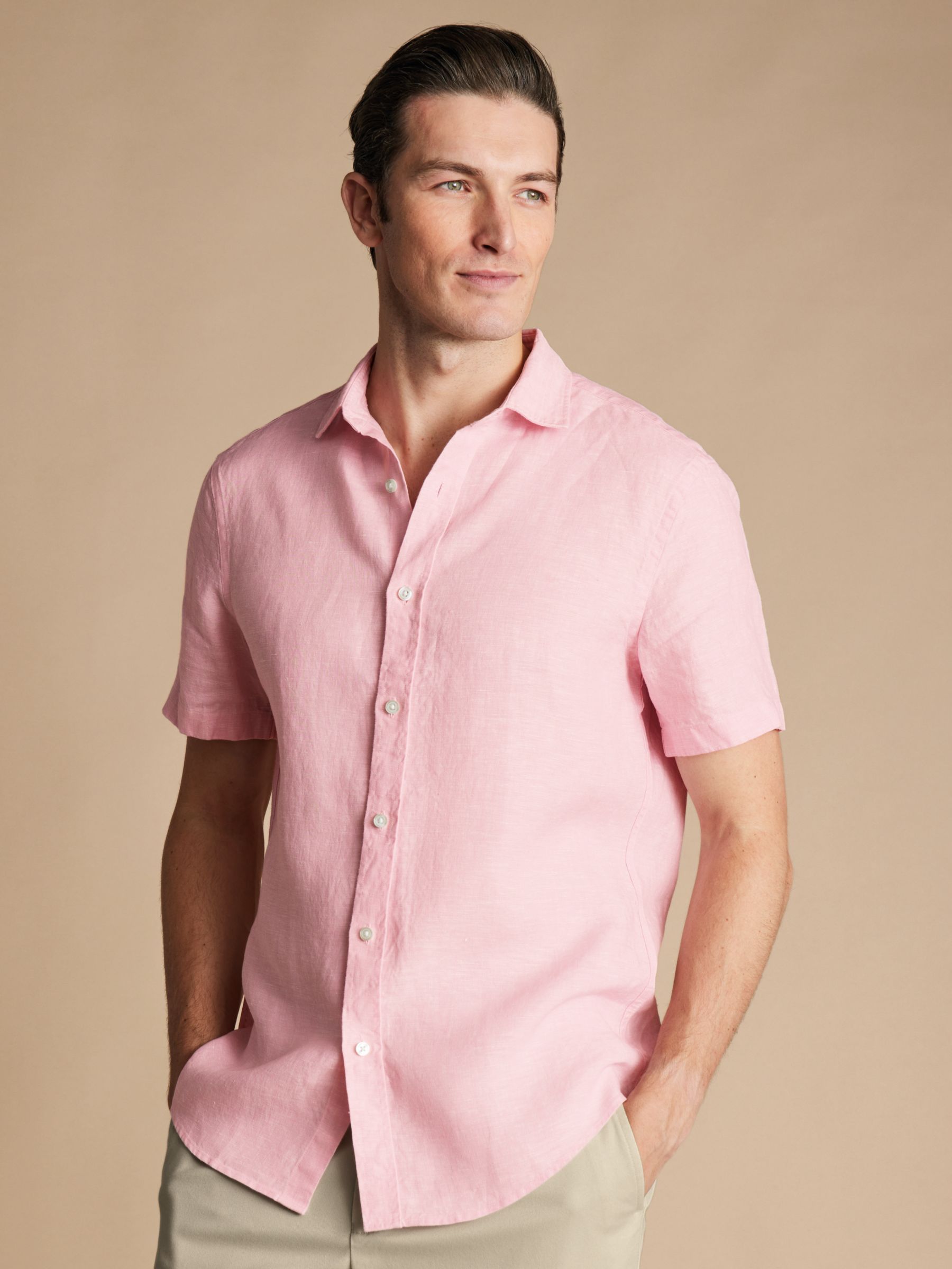 Charles Tyrwhitt Linen Classic Fit Short Sleeve Shirt, Pink, M