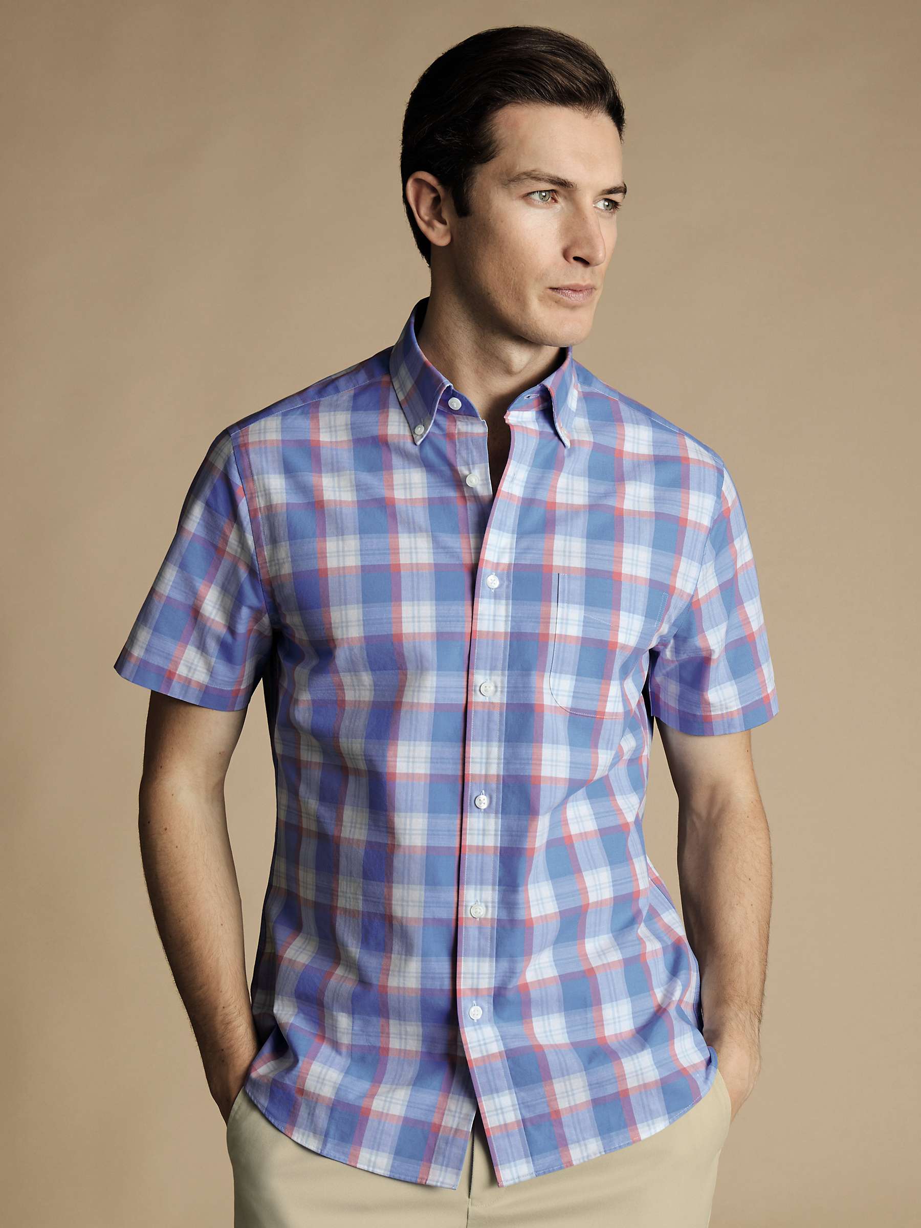 Buy Charles Tyrwhitt Overcheck Short Sleeve Non-Iron Poplin Shirt, Pink/Multi Online at johnlewis.com