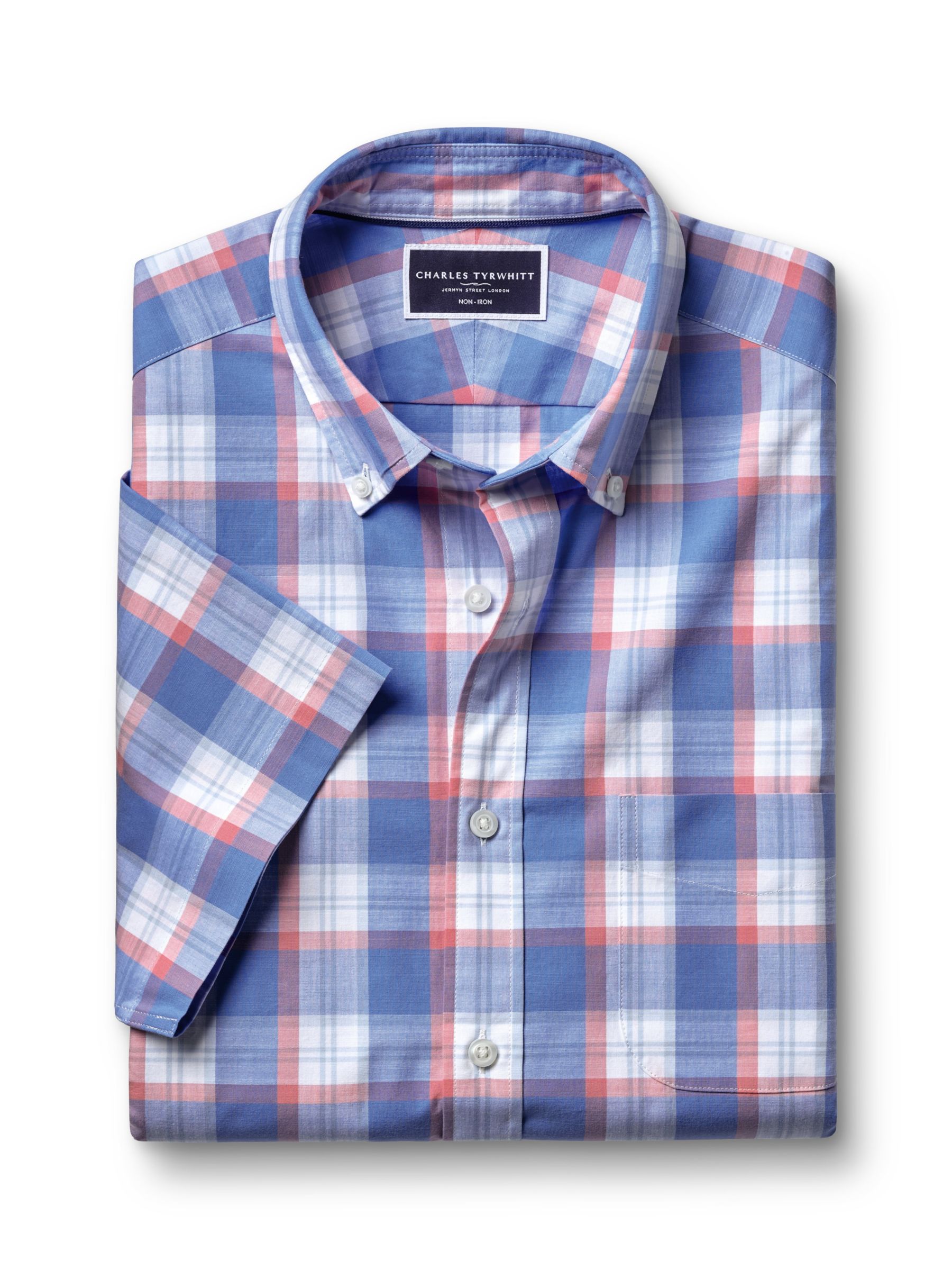Charles Tyrwhitt Overcheck Short Sleeve Non-Iron Poplin Shirt, Pink/Multi, M