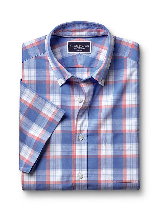 Charles Tyrwhitt Overcheck Short Sleeve Non-Iron Poplin Shirt, Pink/Multi