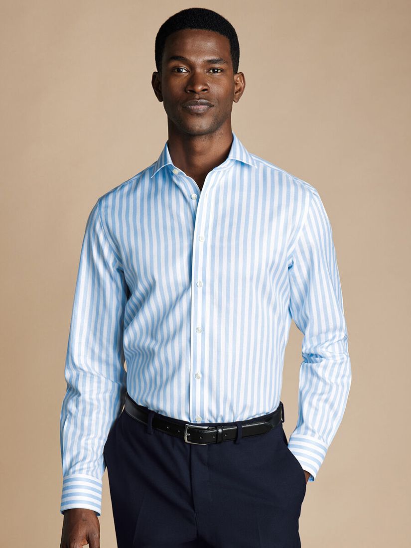 Charles Tyrwhitt Non-Iron Long Sleeve Wide Stripe Shirt, Sky Blue, 15 33