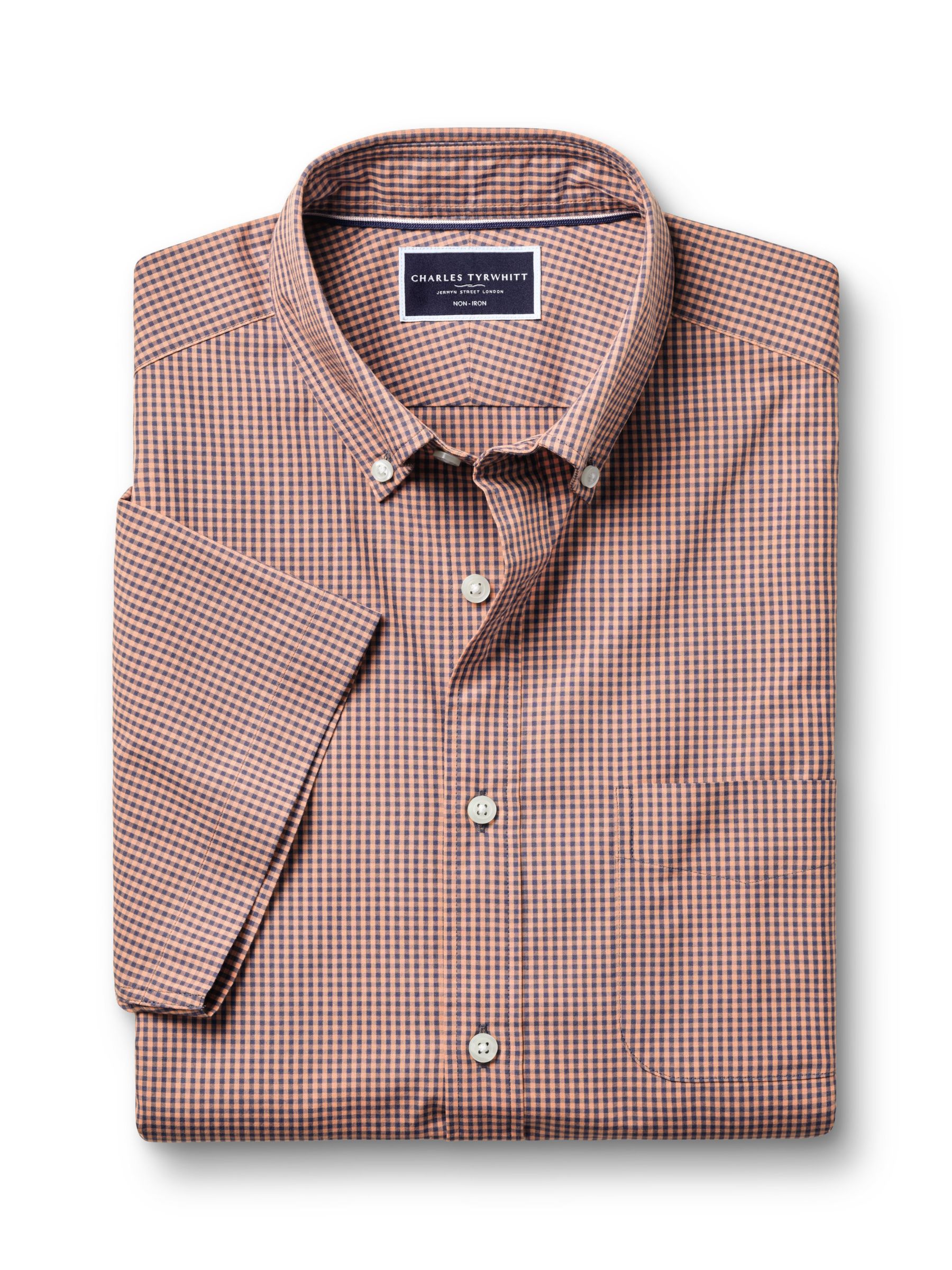 Charles Tyrwhitt Non-Iron Stretch Slim Fit Short Sleeve Shirt, Light Coral Pink, S