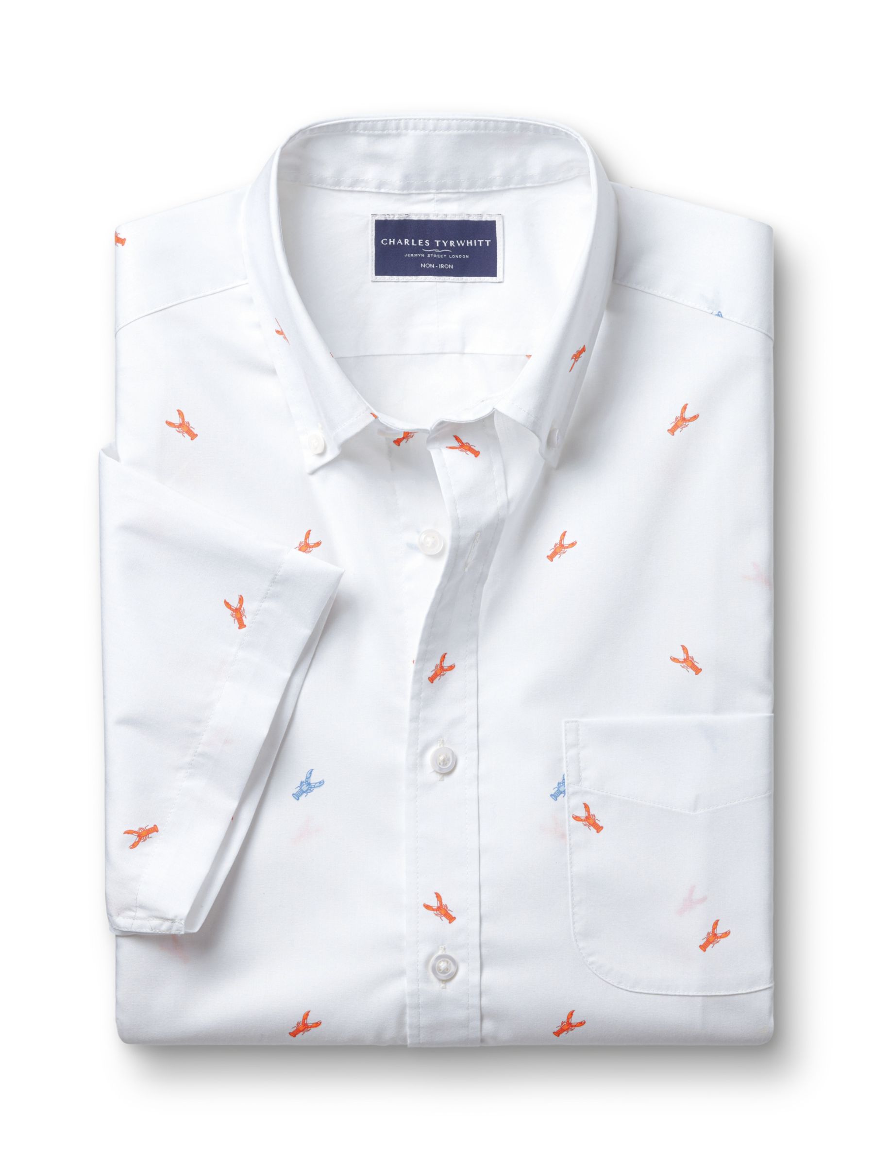 Charles Tyrwhitt Non-Iron Stretch Lobster Print Short Sleeve Shirt, White/Orange, XXL