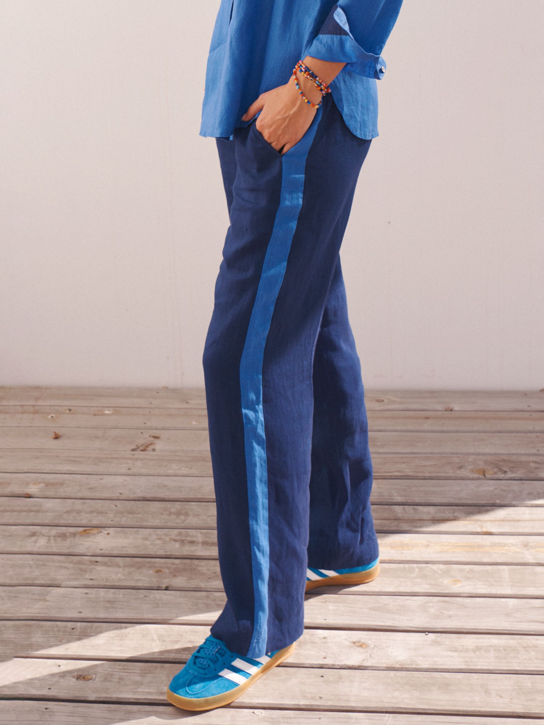 NRBY Thea Side Stripe Linen Trousers, Dark Navy/Light Blue, XS
