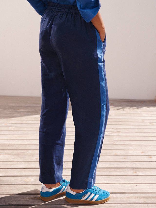 NRBY Thea Side Stripe Linen Trousers, Dark Navy/Light Blue