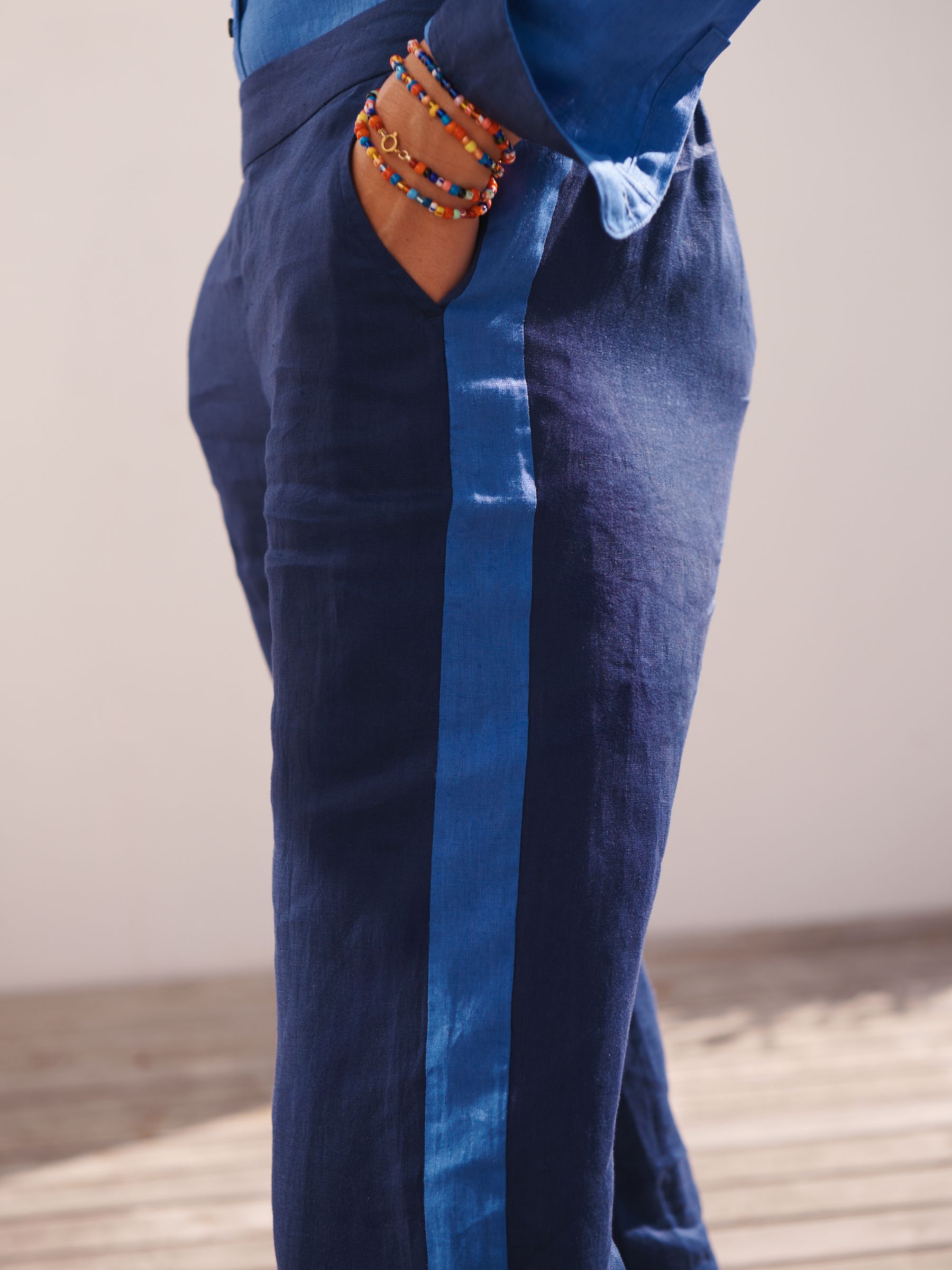 NRBY Thea Side Stripe Linen Trousers, Dark Navy/Light Blue, XS
