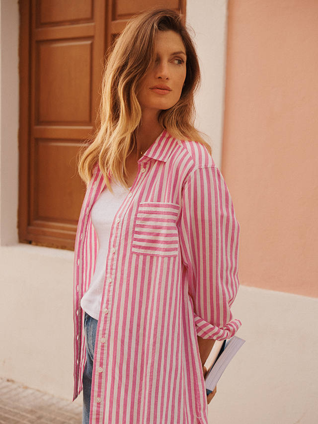 NRBY Winona Linen Blend Stripe Shirt, Cherry Pink