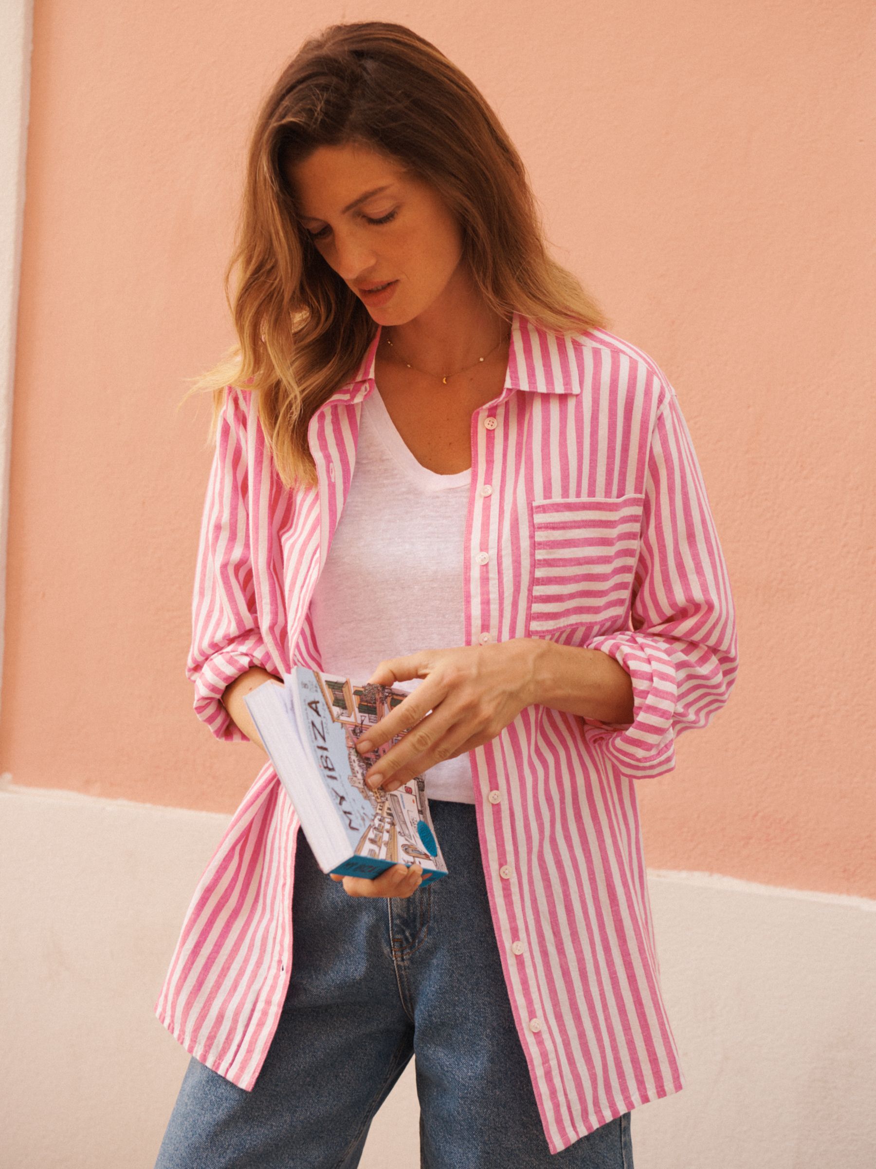 NRBY Winona Linen Blend Stripe Shirt, Cherry Pink, XS