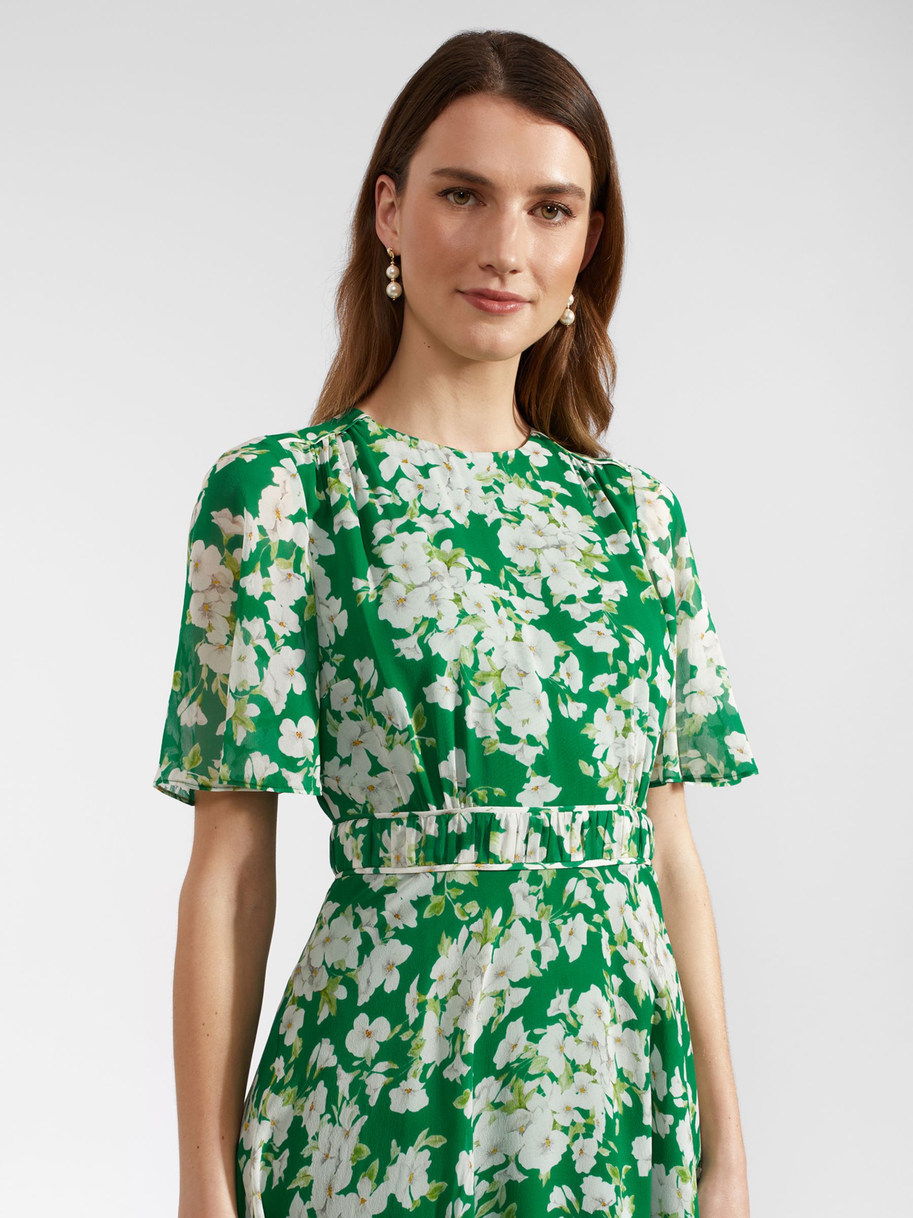 Hobbs Petite Bronwyn Midi Floral Silk Dress, Green/Multi, 10