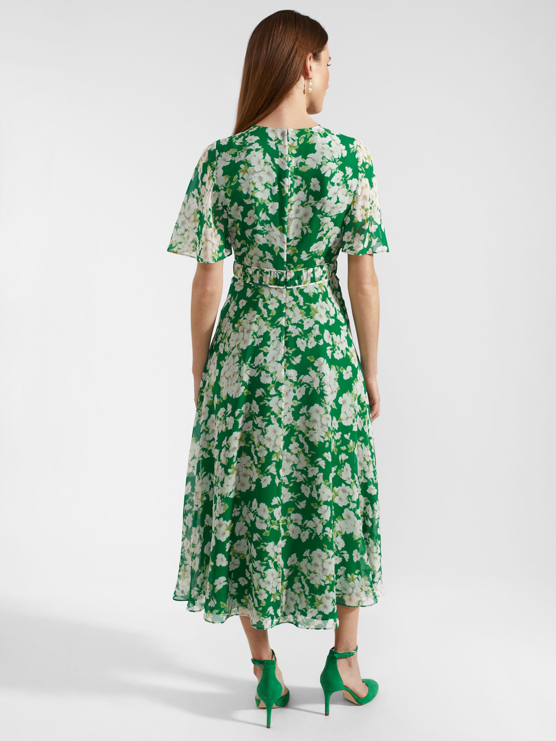 Hobbs Petite Bronwyn Midi Floral Silk Dress, Green/Multi, 10