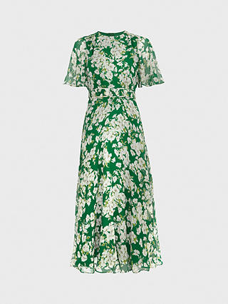 Hobbs Petite Bronwyn Midi Floral Silk Dress, Green/Multi