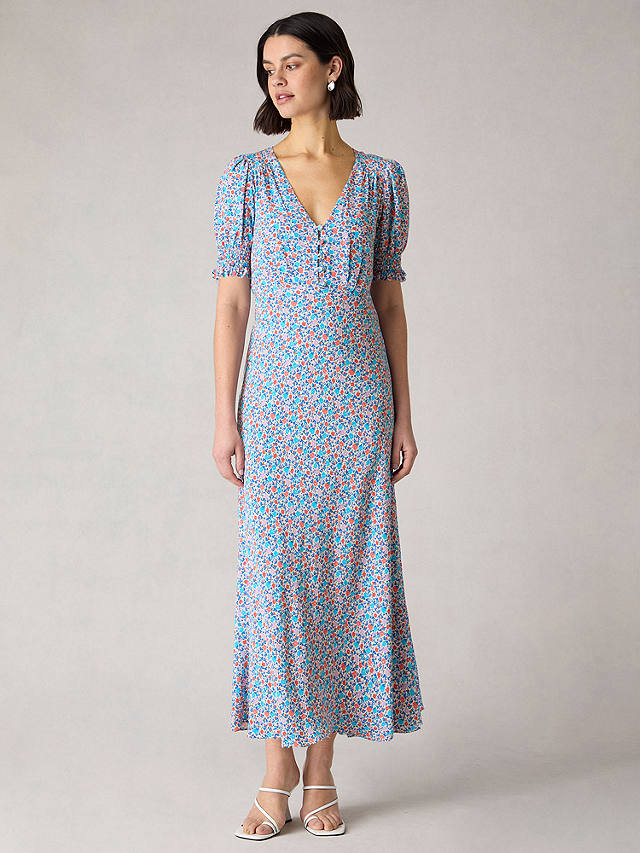 Ro&Zo Petite Ditsy Floral Print Shirred Cuff Midi Dress, Blue/Multi