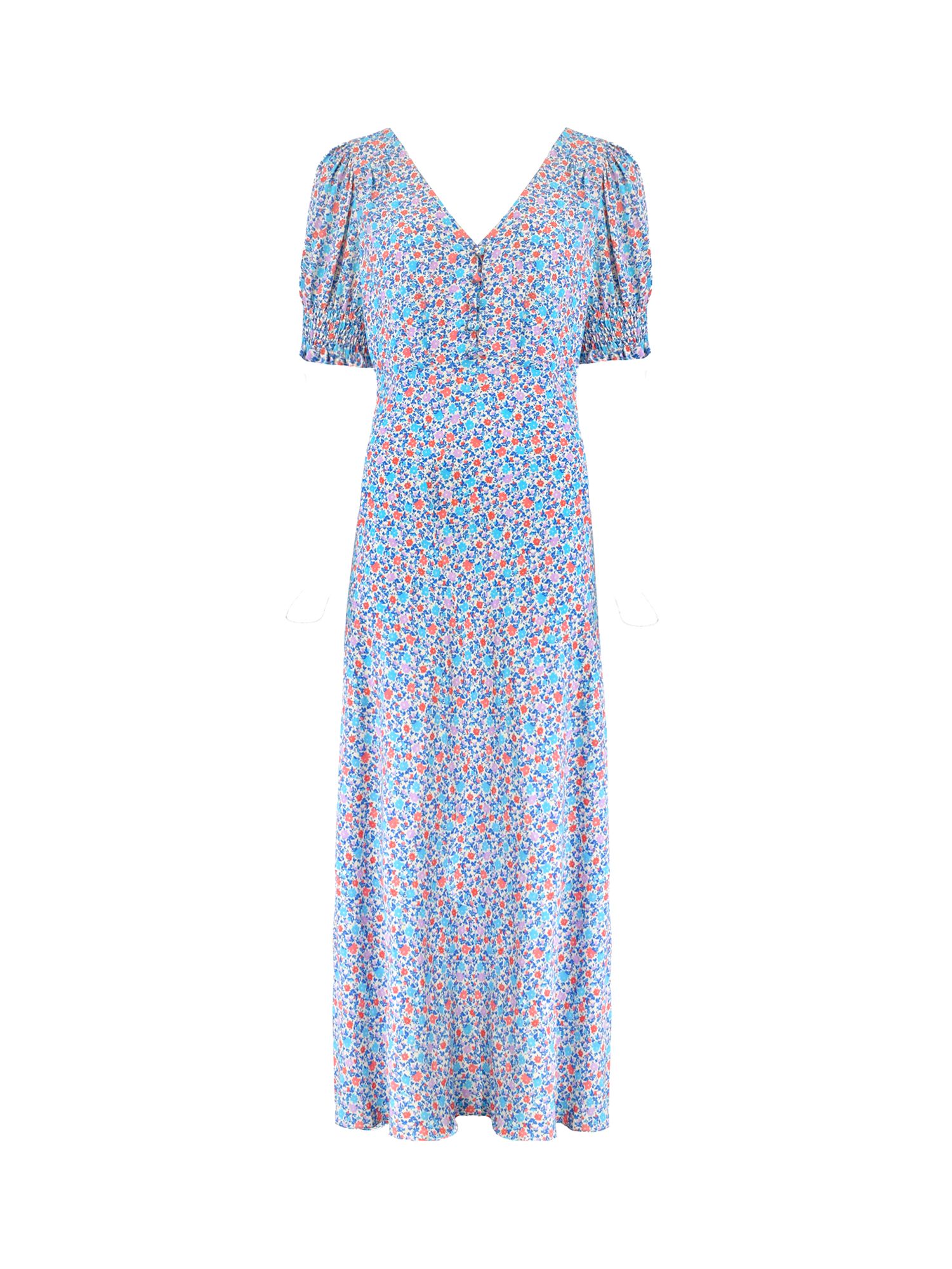 Ro&Zo Petite Ditsy Floral Print Shirred Cuff Midi Dress, Blue/Multi, 10