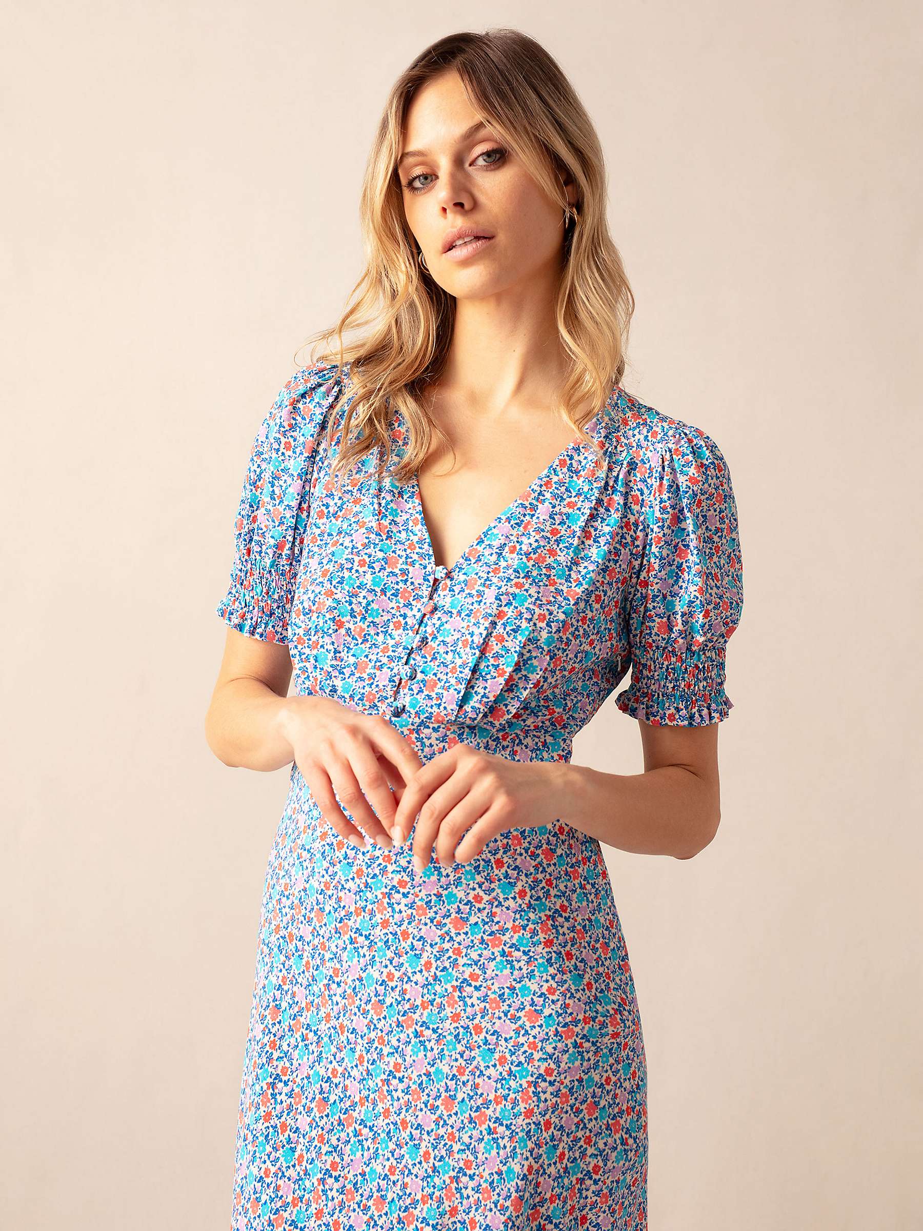 Buy Ro&Zo Ditsy Print Shirred Cuff Midi Dress, Blue/Multi Online at johnlewis.com