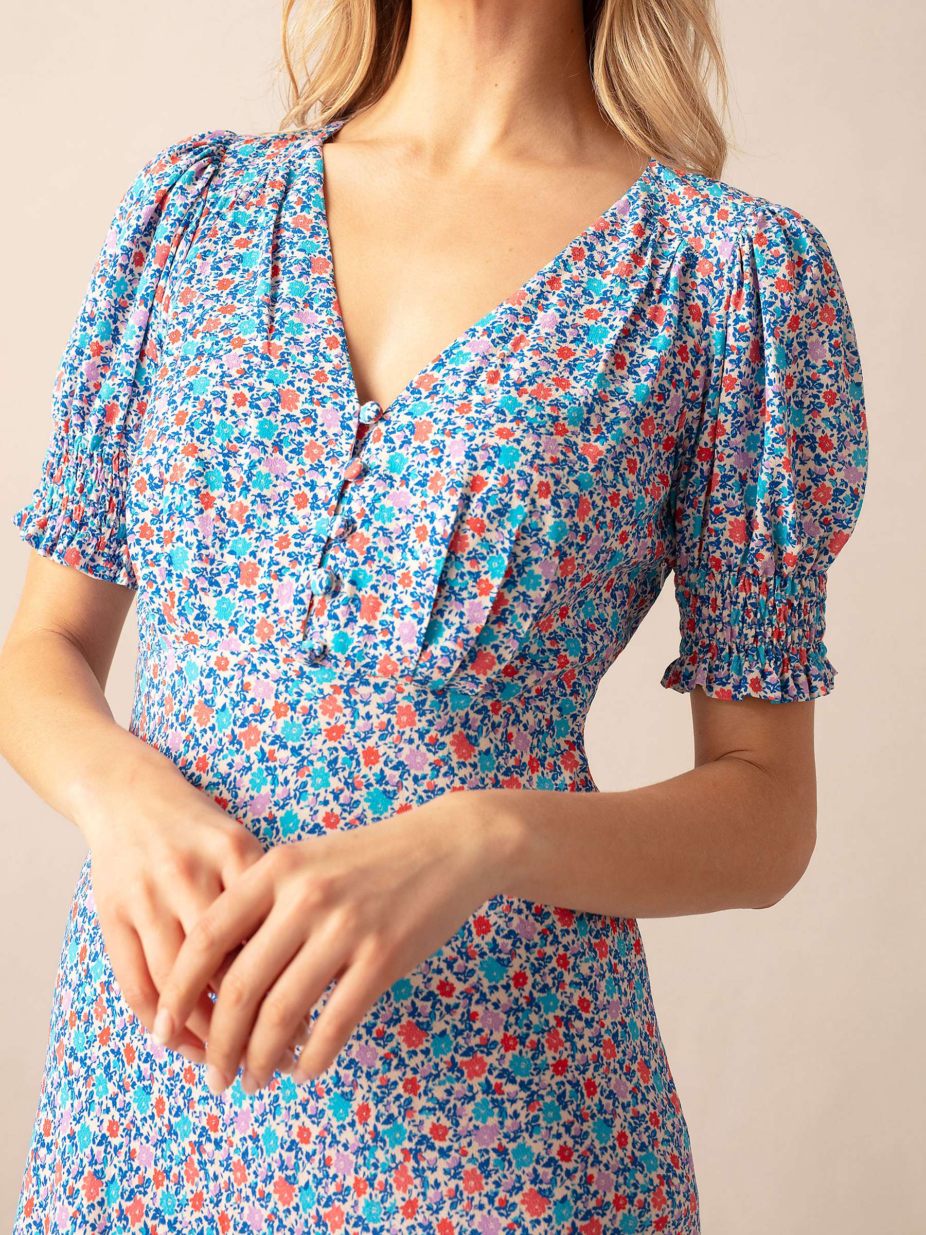 Buy Ro&Zo Ditsy Print Shirred Cuff Midi Dress, Blue/Multi Online at johnlewis.com