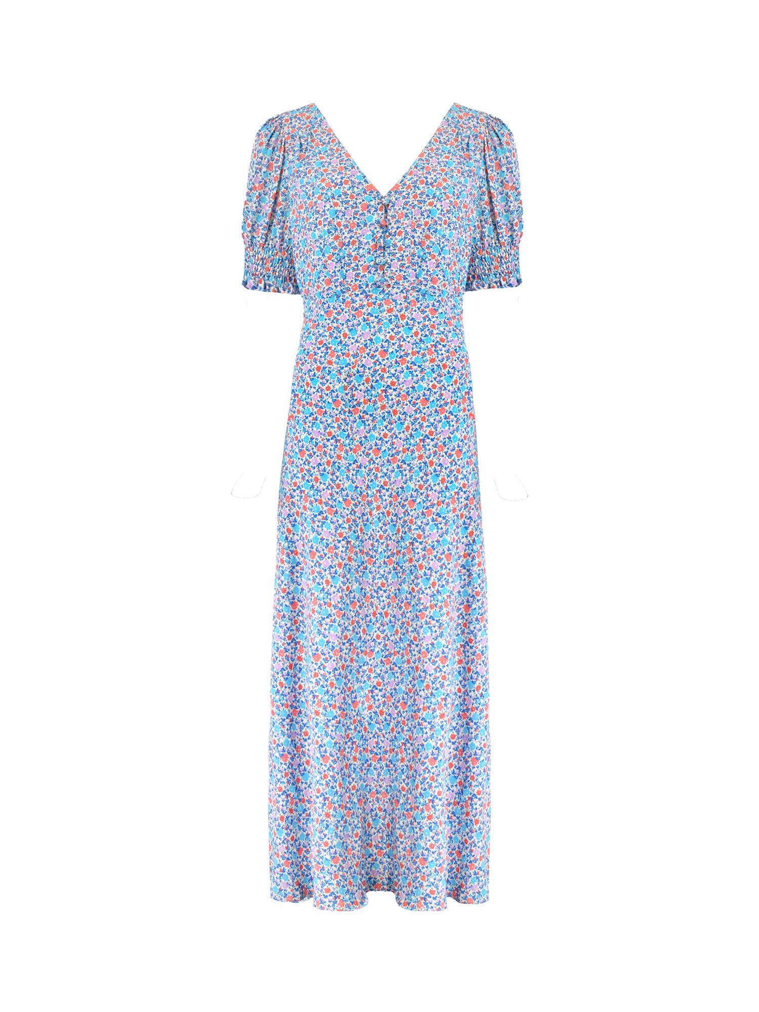 Ro&Zo Ditsy Print Shirred Cuff Midi Dress, Blue/Multi, 6