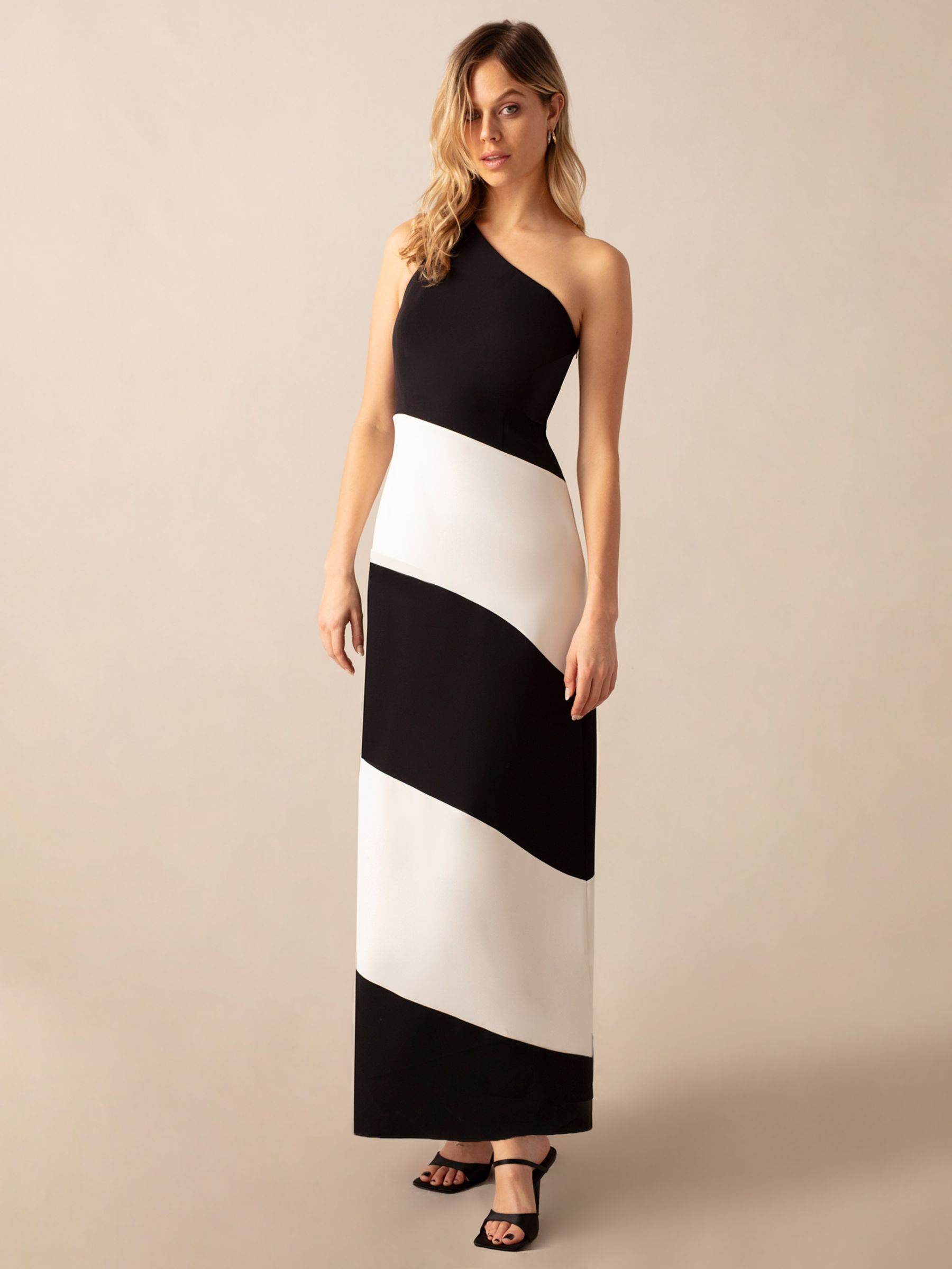 Ro&Zo Sofia Mono Stripe One Shoulder Maxi Dress, Black/White, 6