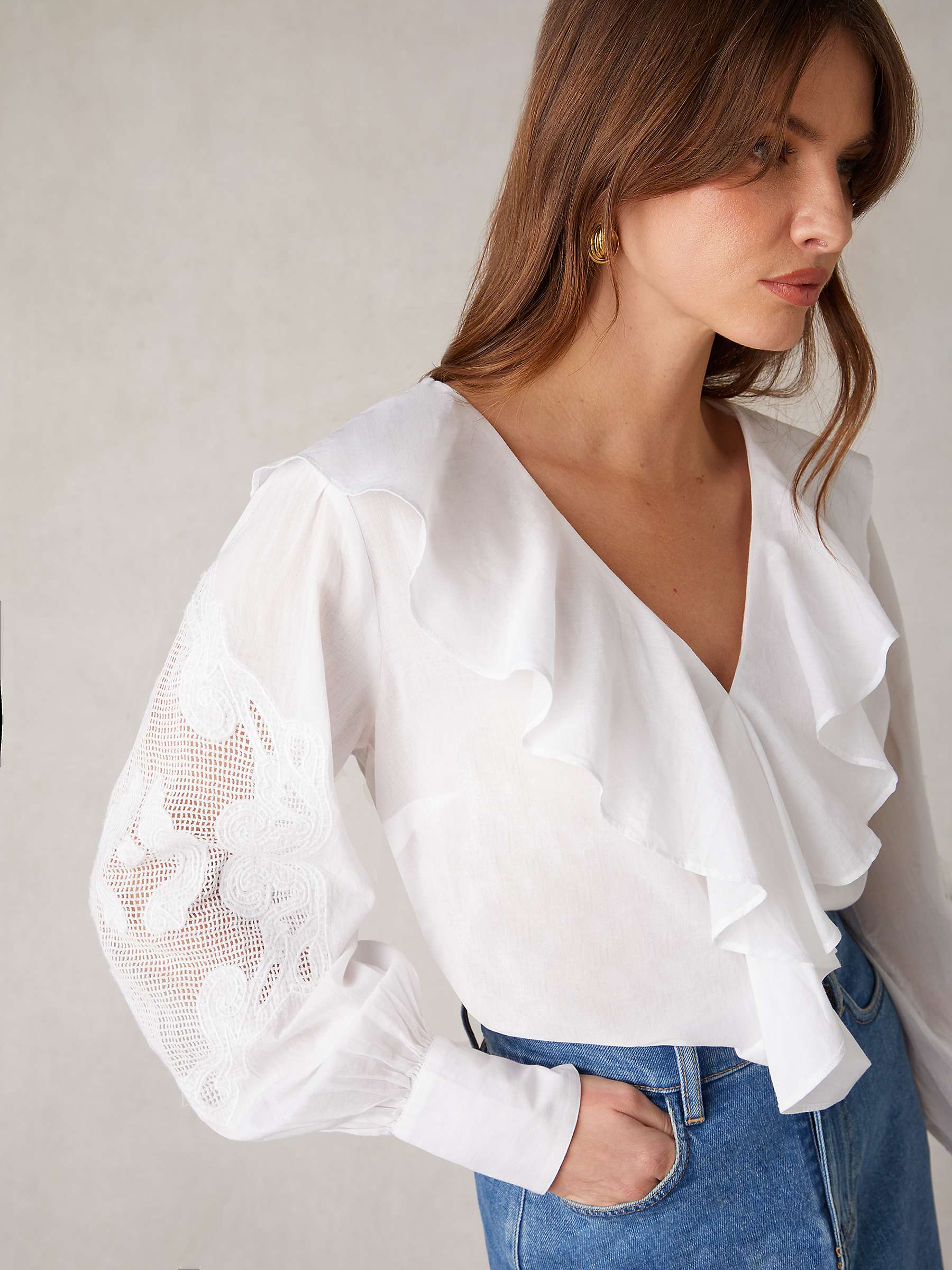 Buy Ro&Zo Embroidery Mesh Sleeve Ruffle Blouse, White Online at johnlewis.com