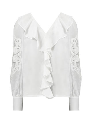 Ro&Zo Embroidery Mesh Sleeve Ruffle Blouse, White