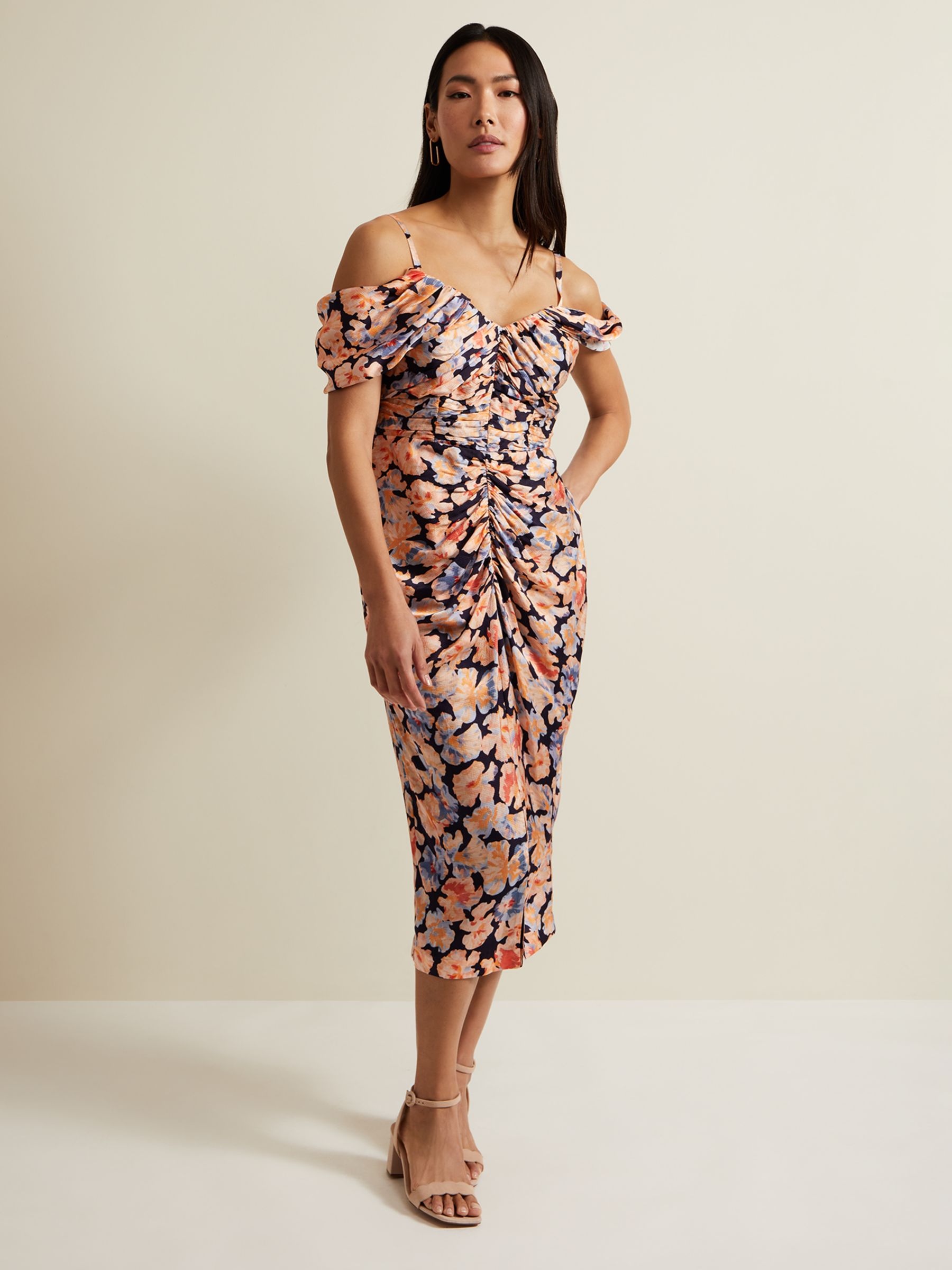 Phase Eight Prudence Floral Print Ruched Midi Dress, Multi, 16