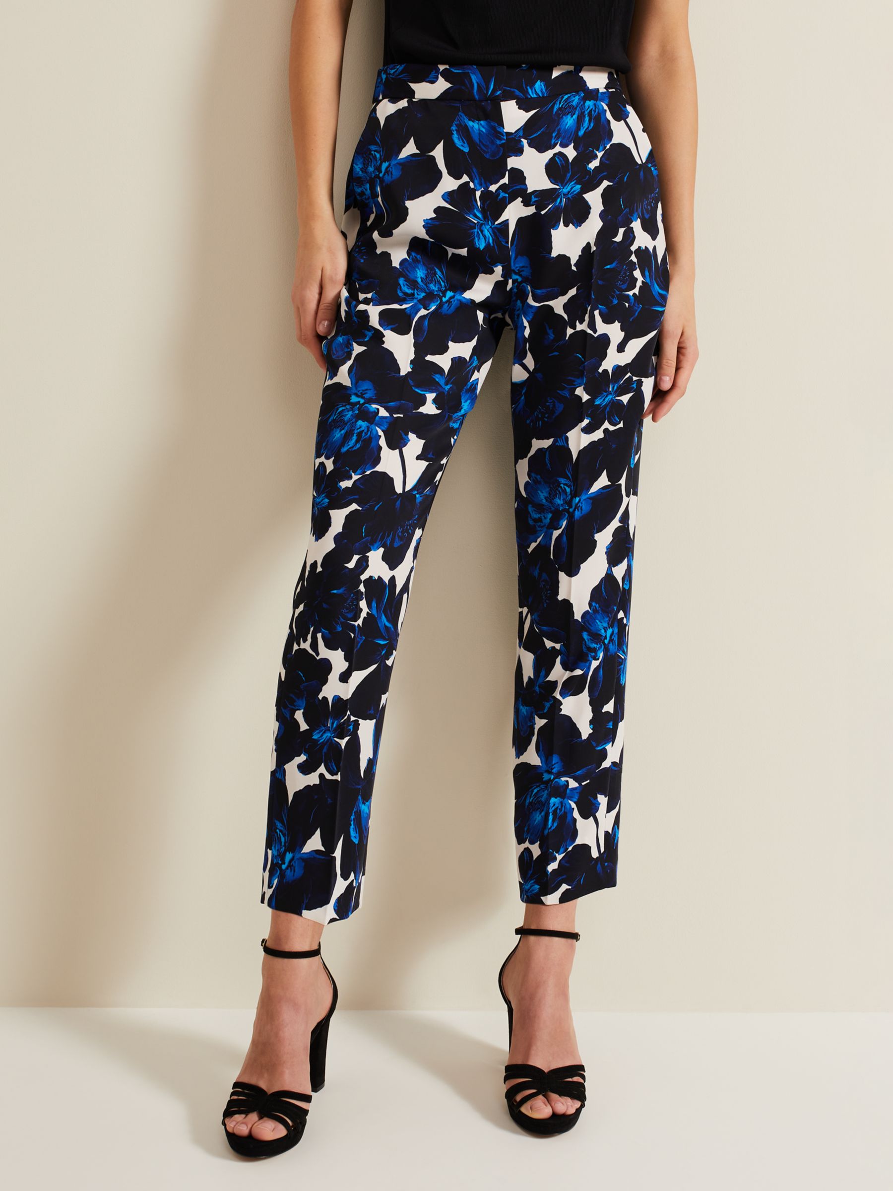 Phase Eight Caddie Floral Cropped Tailored Trousers, Blue, 6