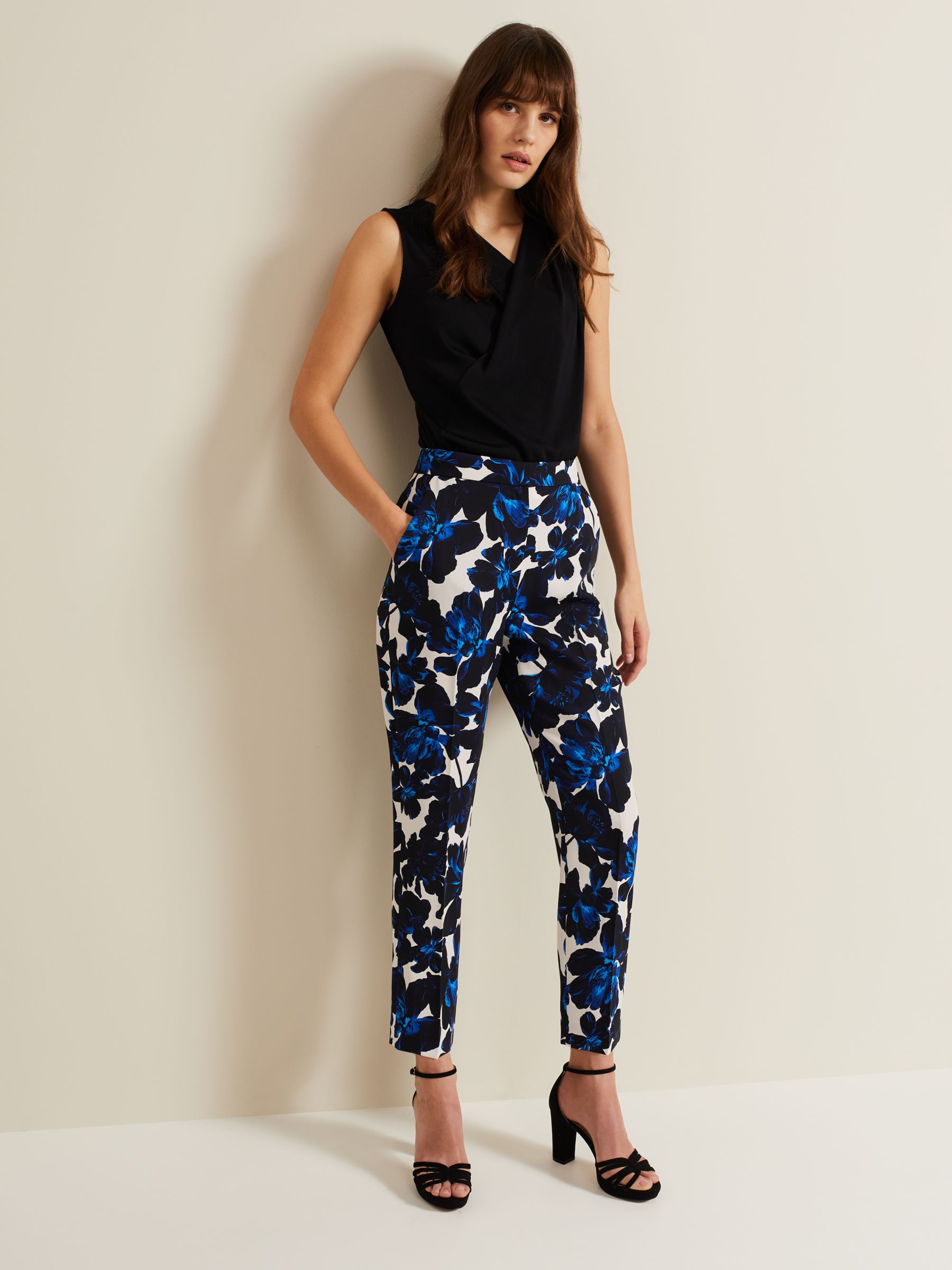 Phase Eight Caddie Floral Cropped Tailored Trousers, Blue, 6