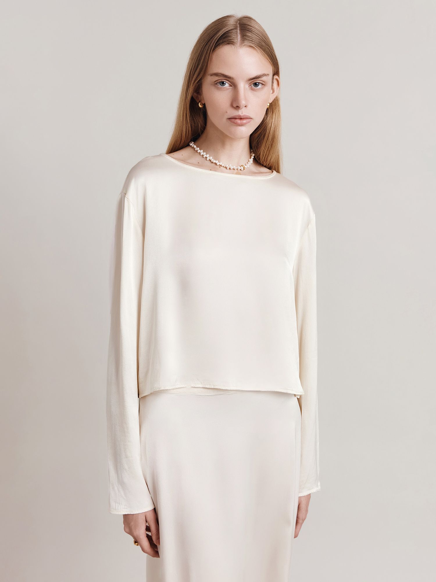 Ghost Evelyn Cropped Satin Top, Ivory, XS