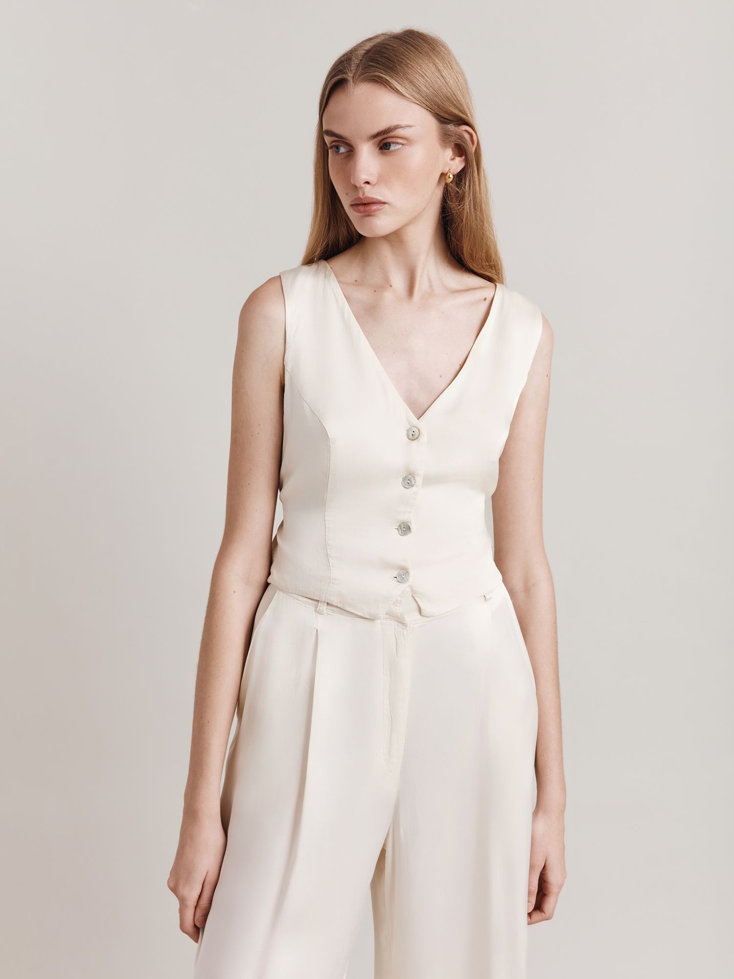Ghost Eden Cropped Satin Waistcoat, Ivory, XS