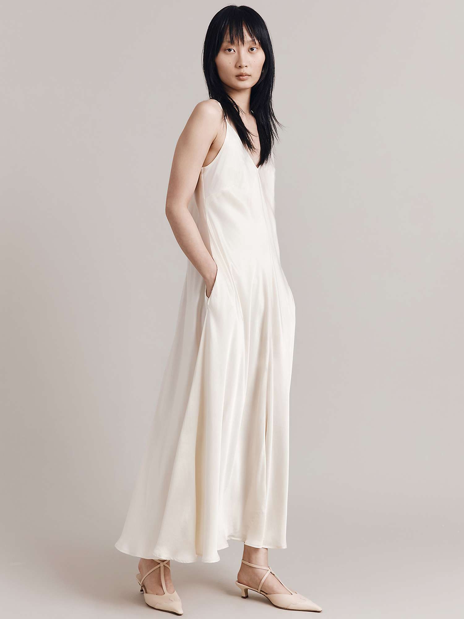 Buy Ghost Florrie A-Line Satin Slip Maxi Dress, Ivory Online at johnlewis.com
