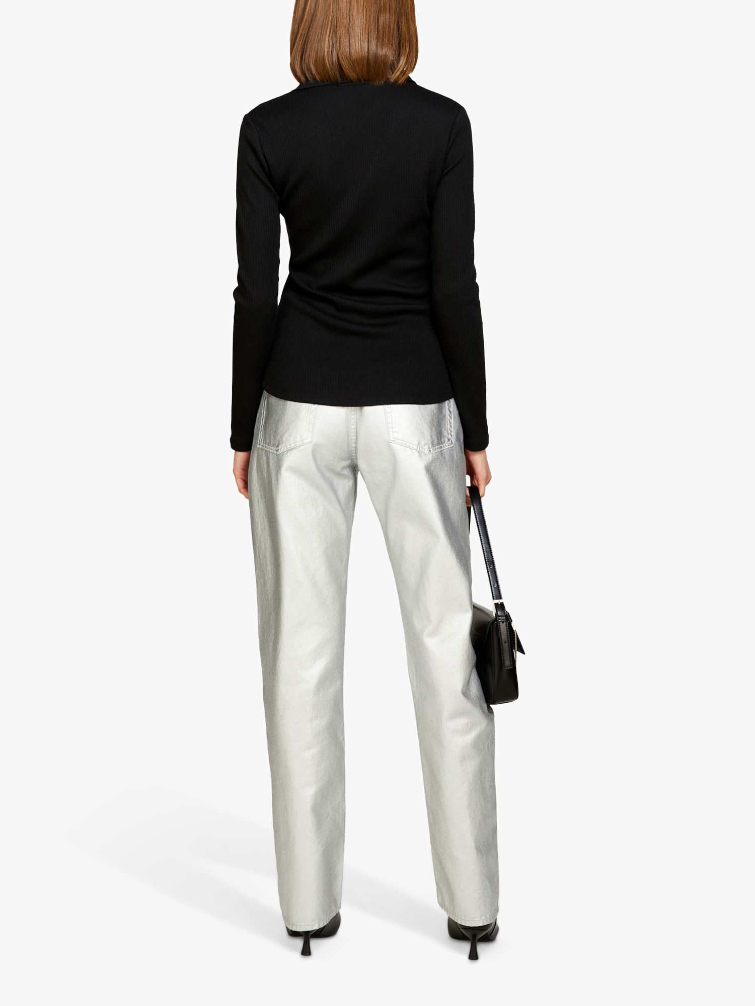 Buy SISLEY Ribbed Button Through Collared Top, Black Online at johnlewis.com