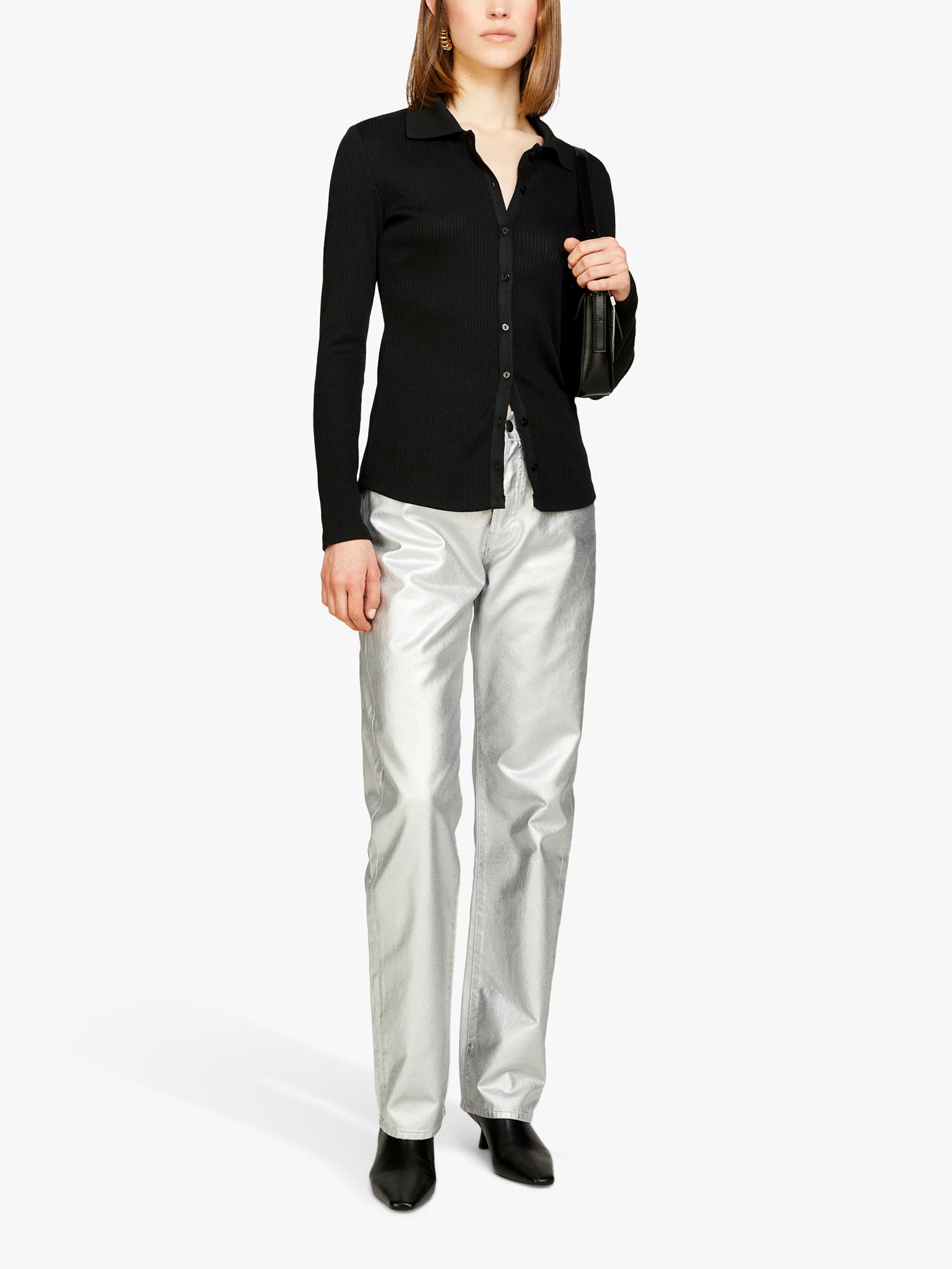 Buy SISLEY Ribbed Button Through Collared Top, Black Online at johnlewis.com