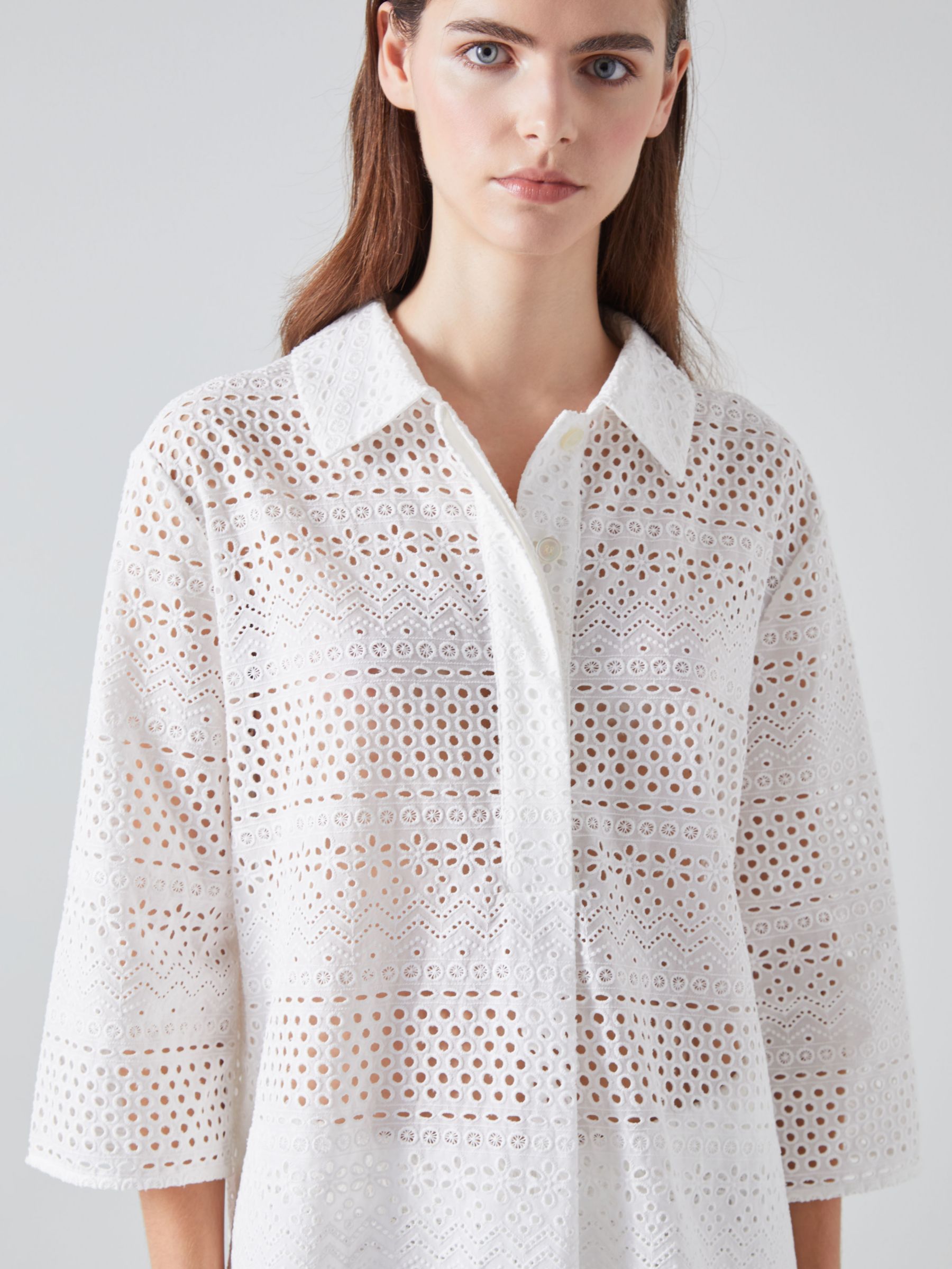 L.K.Bennett Edie Broderie Anglaise Relaxed Fit Shirt, White, 6