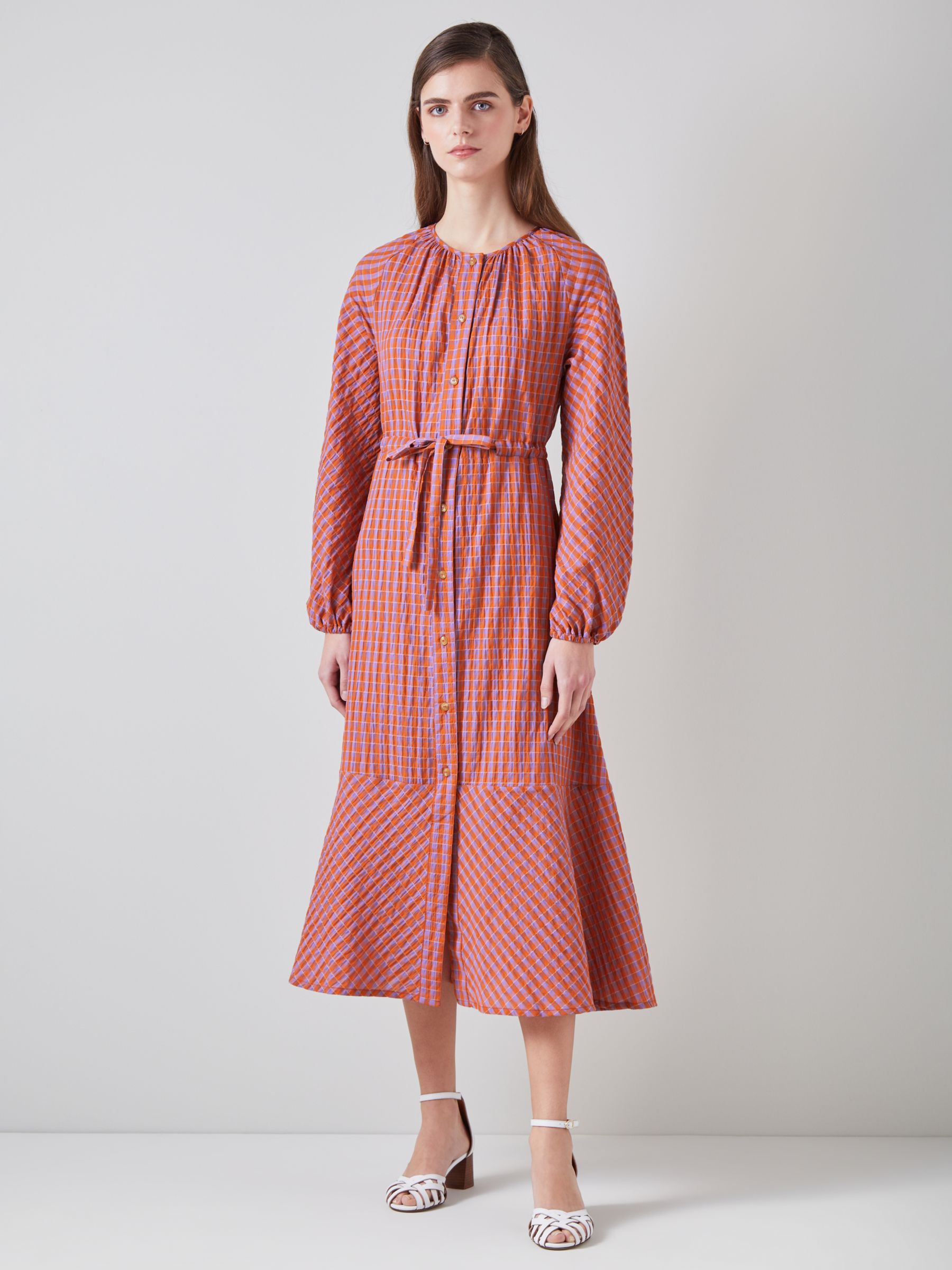 L.K.Bennett Sophie Seersucker Textured Check Midi Dress, Orange/Purple, 16