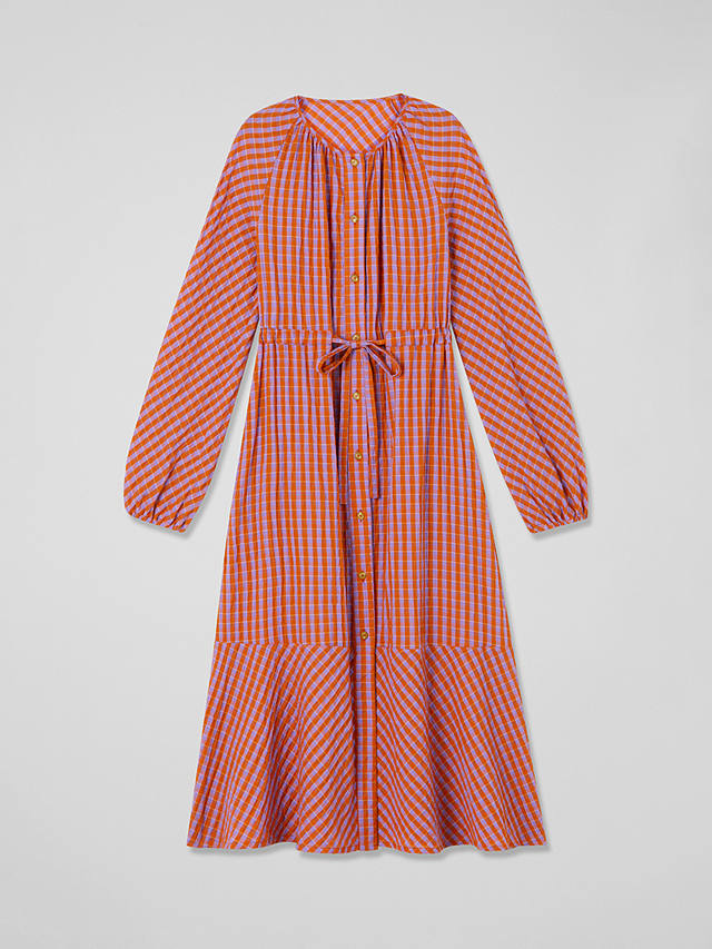 L.K.Bennett Sophie Seersucker Textured Check Midi Dress, Orange/Purple