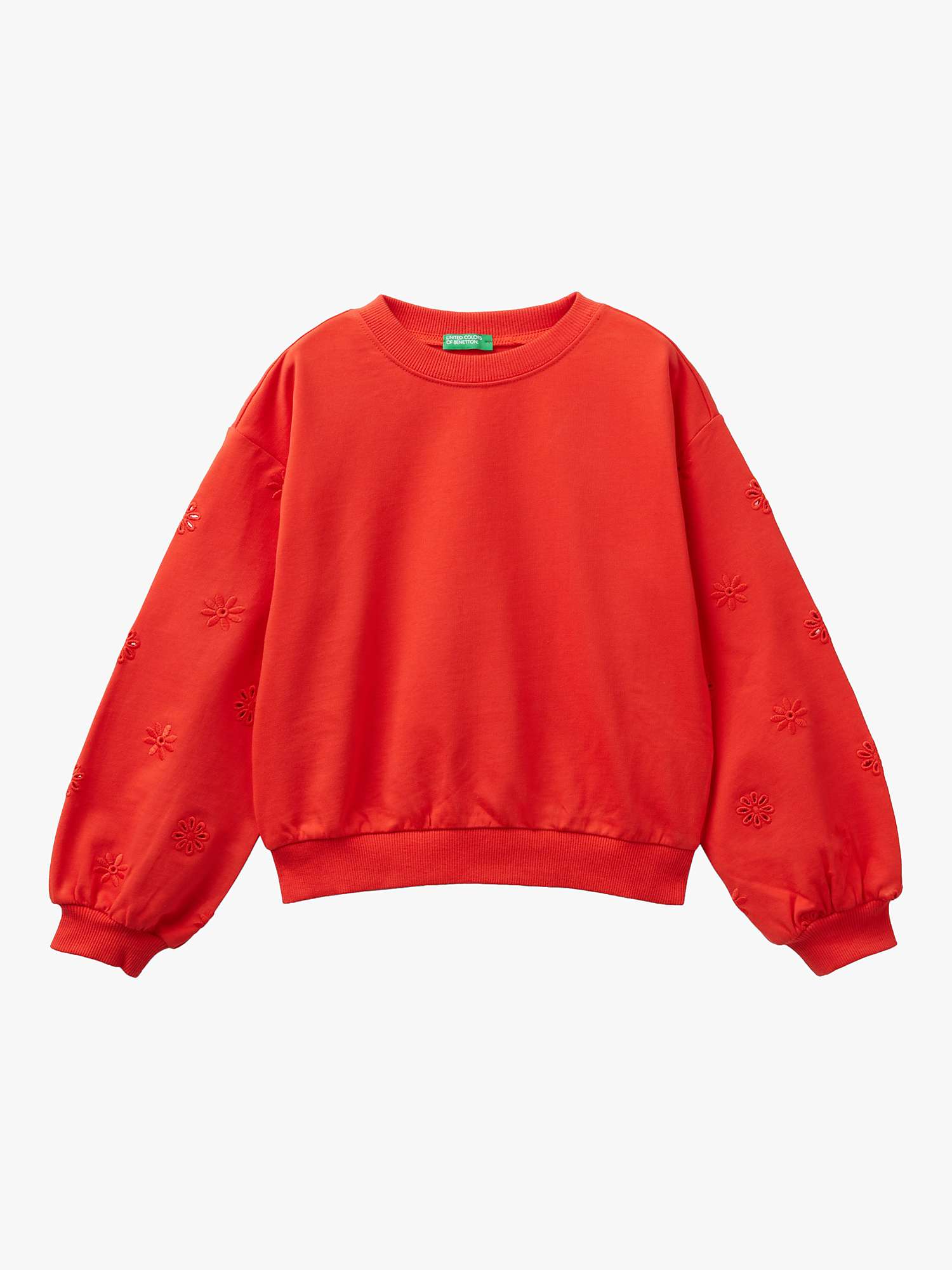Buy Benetton Kids' Cotton Floral Embroidered Sleeve Crew Neck Sweatshirt, Bright Red Online at johnlewis.com