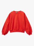 Benetton Kids' Cotton Floral Embroidered Sleeve Crew Neck Sweatshirt, Bright Red