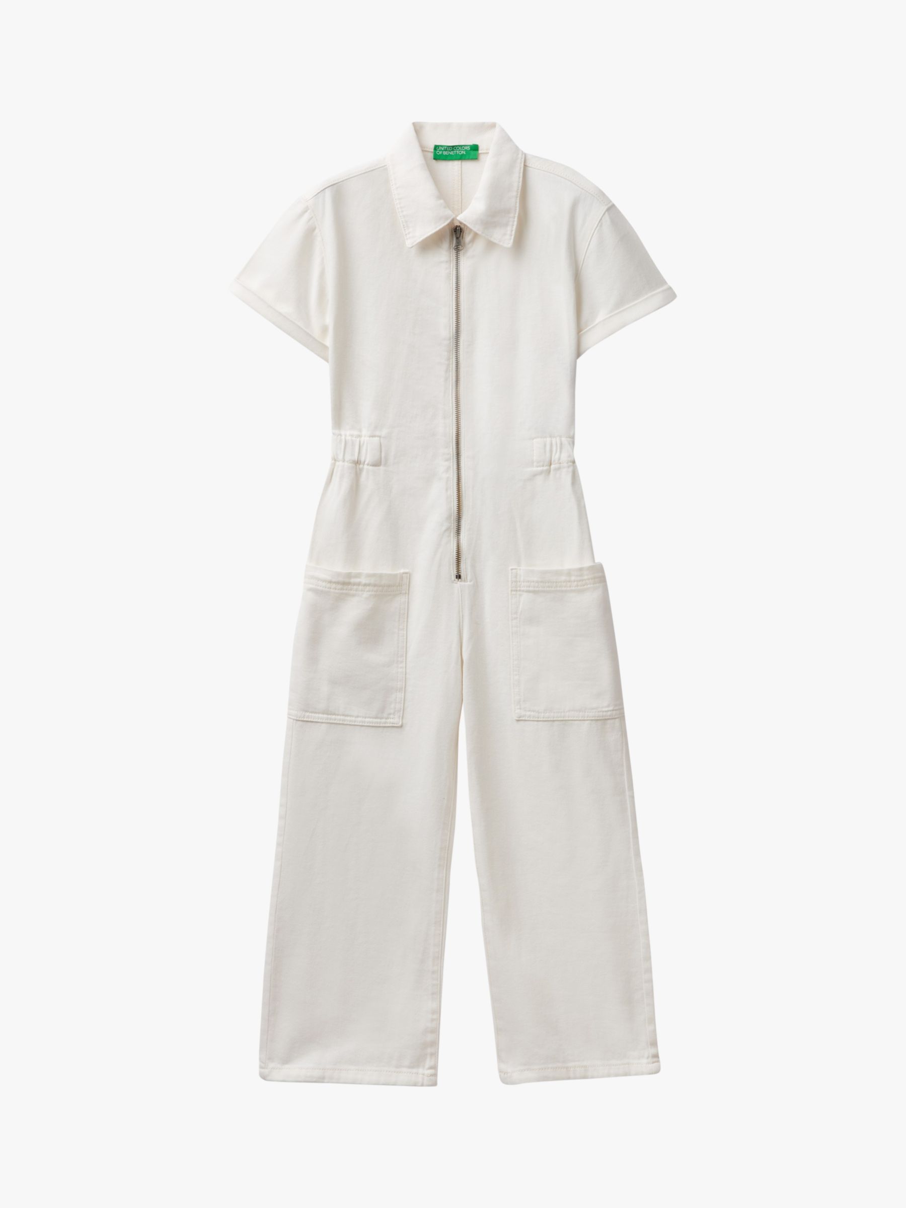 Benetton Kids' Zip Through Cargo Jumpsuit, White Cream, 6-7 years
