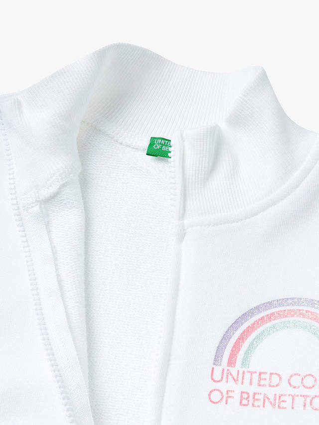 Benetton Kids' Logo Zip Through Rib Neck Sweatshirt, White/Multi