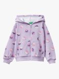 Benetton Kids' Floral Print Zip Through Hoodie, Purple/Multi