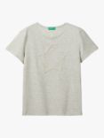 Benetton Kids' Stitch Cord Broken Star Short Sleeve T-Shirt, Grey Melange