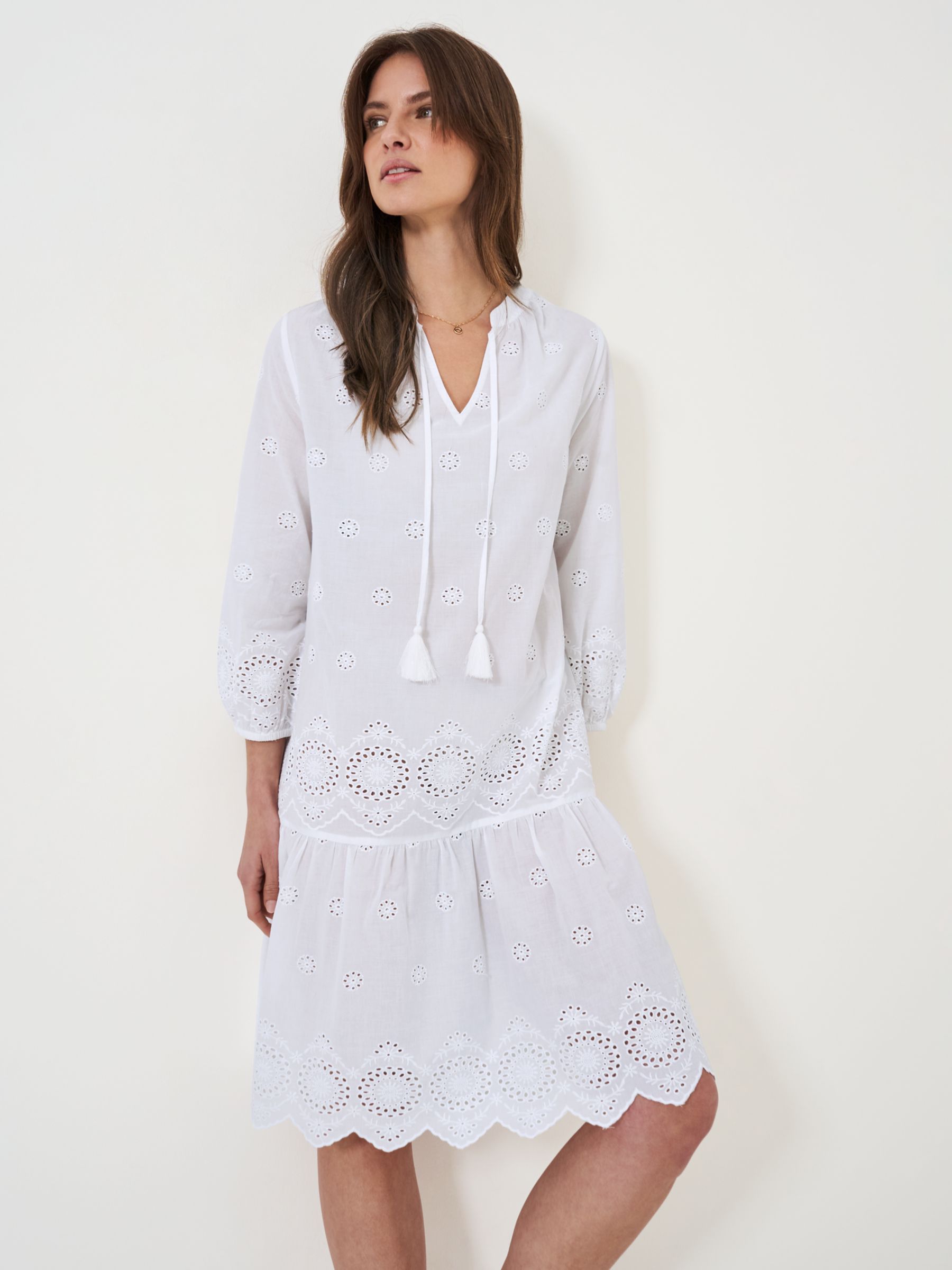 Crew Clothing Broderie Anglaise Kaftan Dress, White, 8