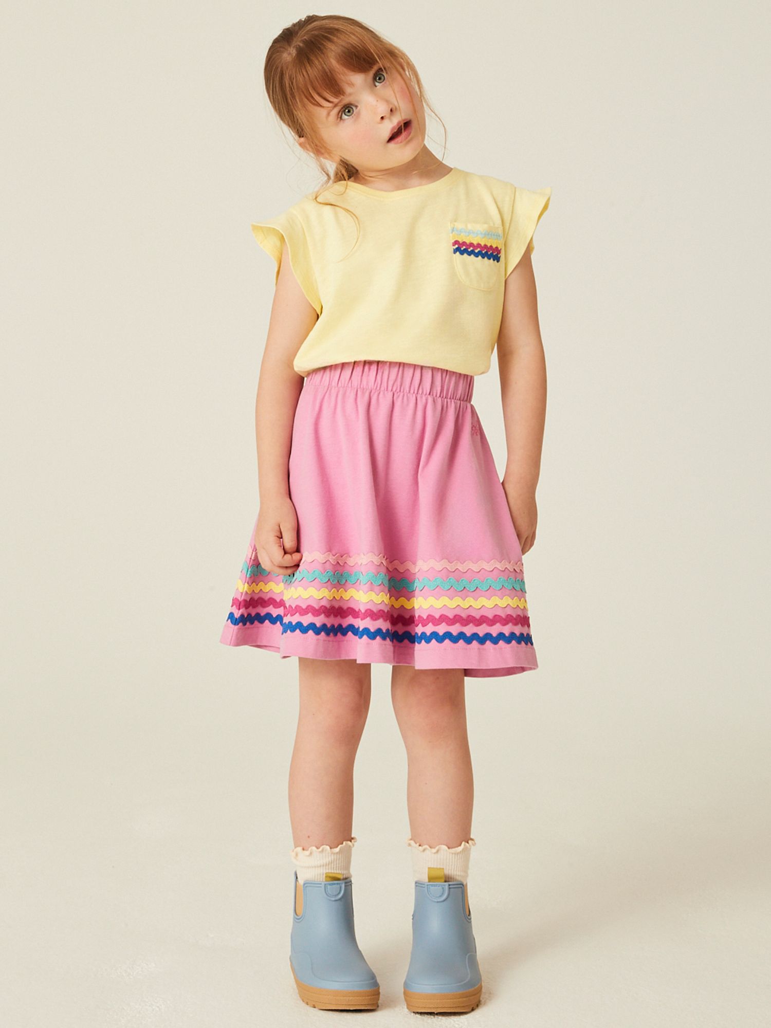 Crew Clothing Kids' Ric Rac Rainbow Trim Jersey Skirt, Pink/Multi