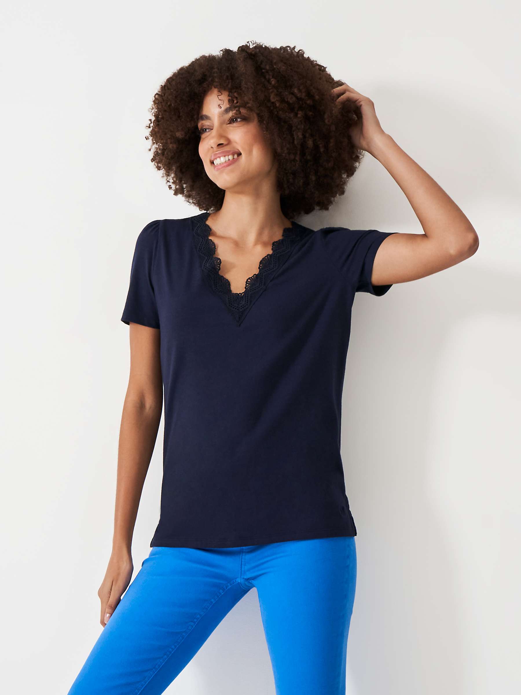 Buy Crew Clothing Lace Neck Short Sleeve T-Shirt, Navy Online at johnlewis.com