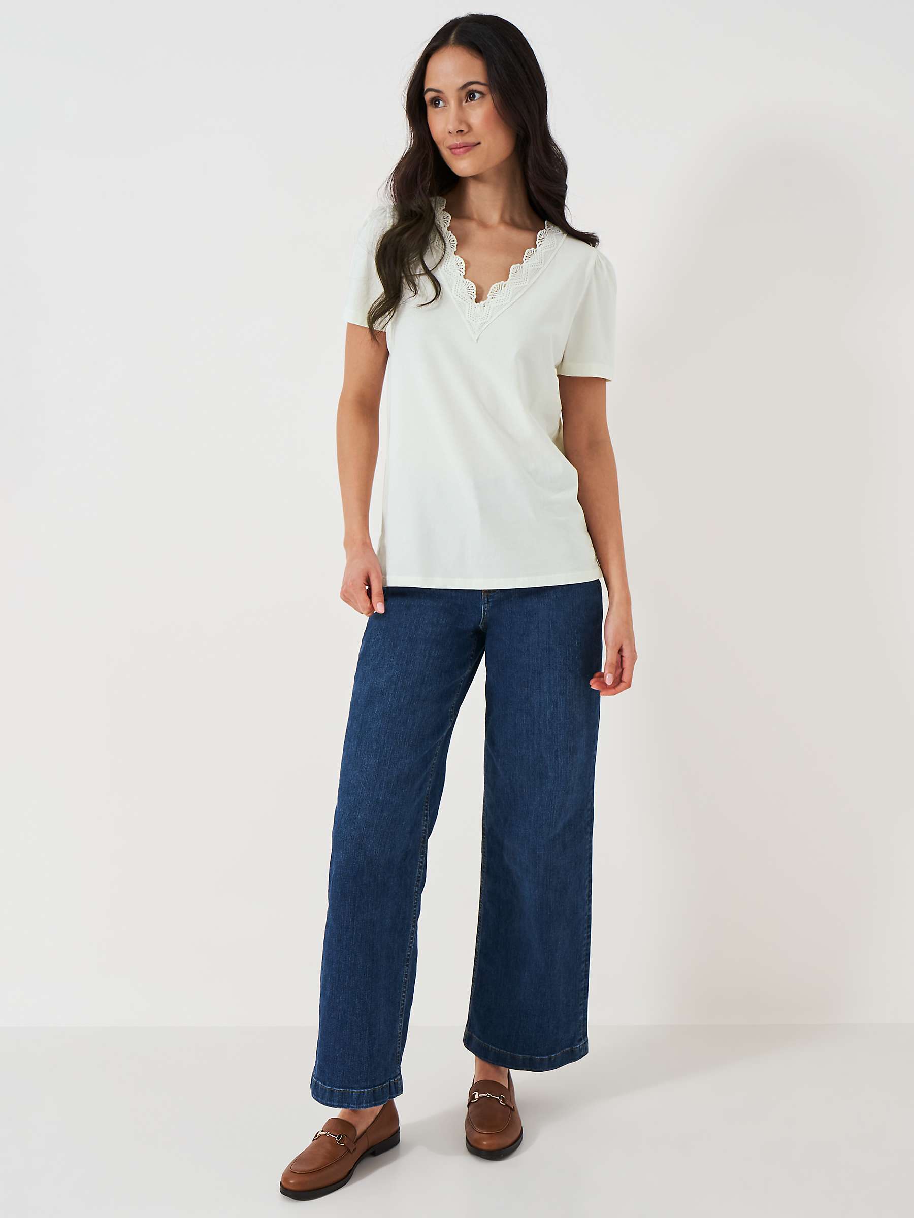 Buy Crew Clothing Lace Neck Short Sleeve Top, White Online at johnlewis.com