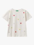 Benetton Kids' Cotton Floral Embroidered T-Shirt, Cream