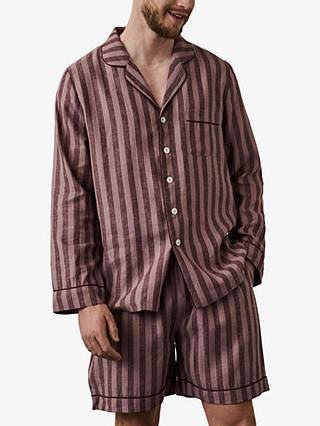 Piglet in Bed Linen Blend Striped Pyjama Shorts Set, Port/Woodrose