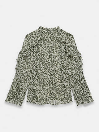 Mint Velvet Ruffle Detail Fluted Sleeve Blouse, Khaki/Multi