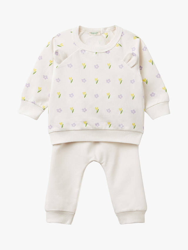 Benetton Baby Floral Print Ears Sweatshirt & Joggers Set, White Cream/Multi