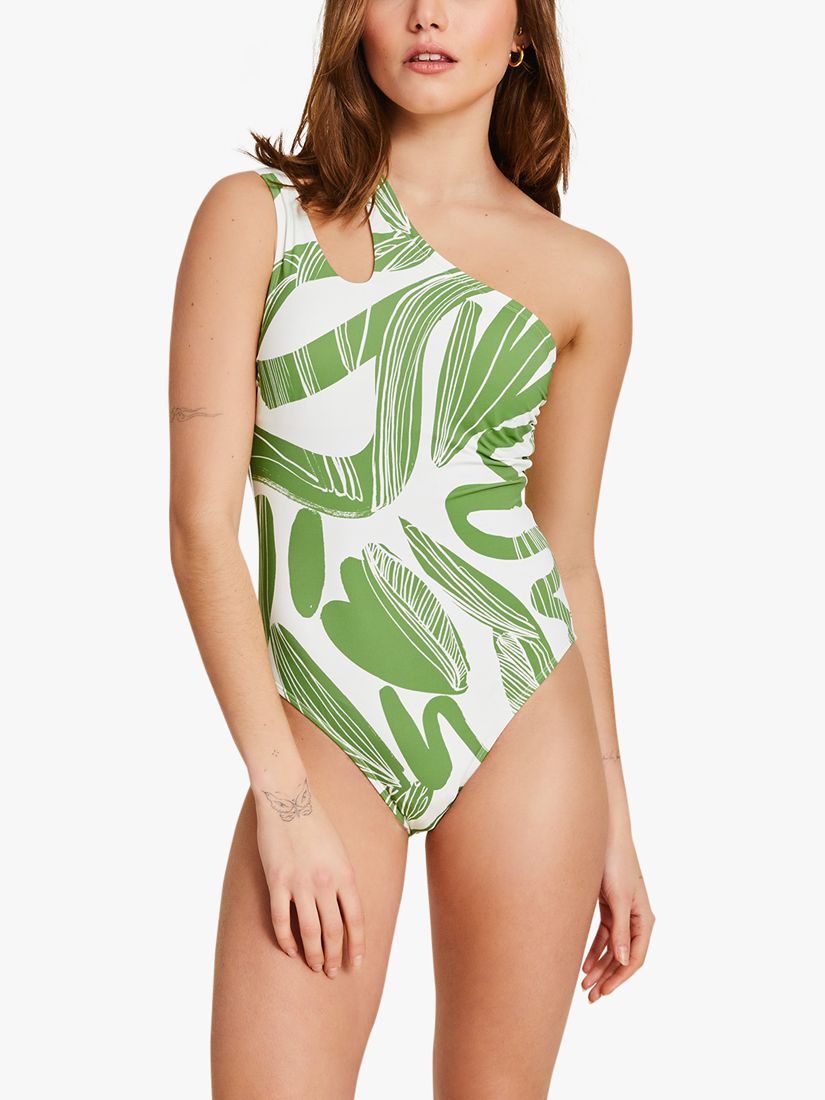 Accessorize Squiggle Print One Shoulder Swimsuit, Olive Green/White, 6