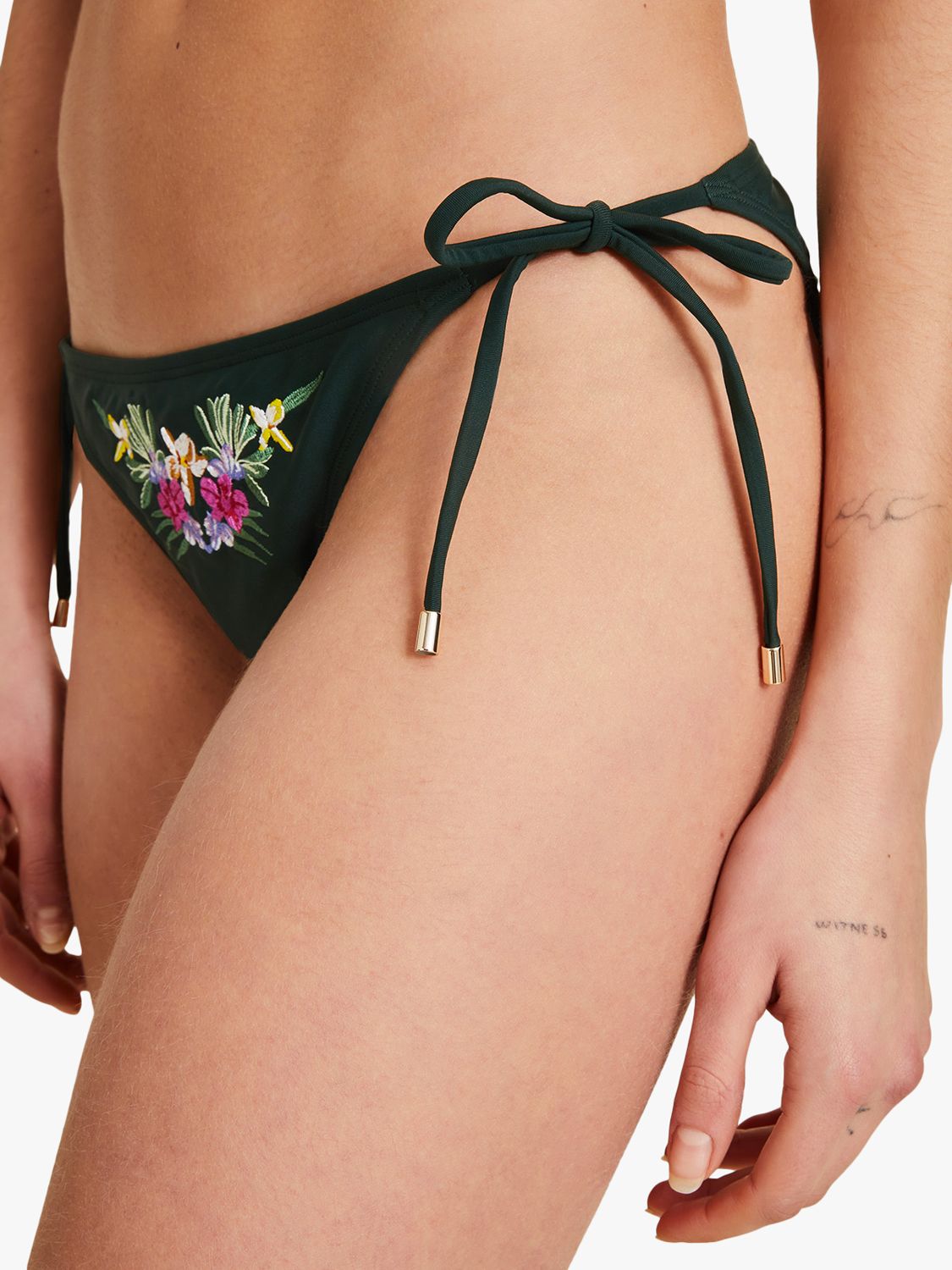 Accessorize Embroidered Floral Tie Side Bikini Bottoms, Green, 6